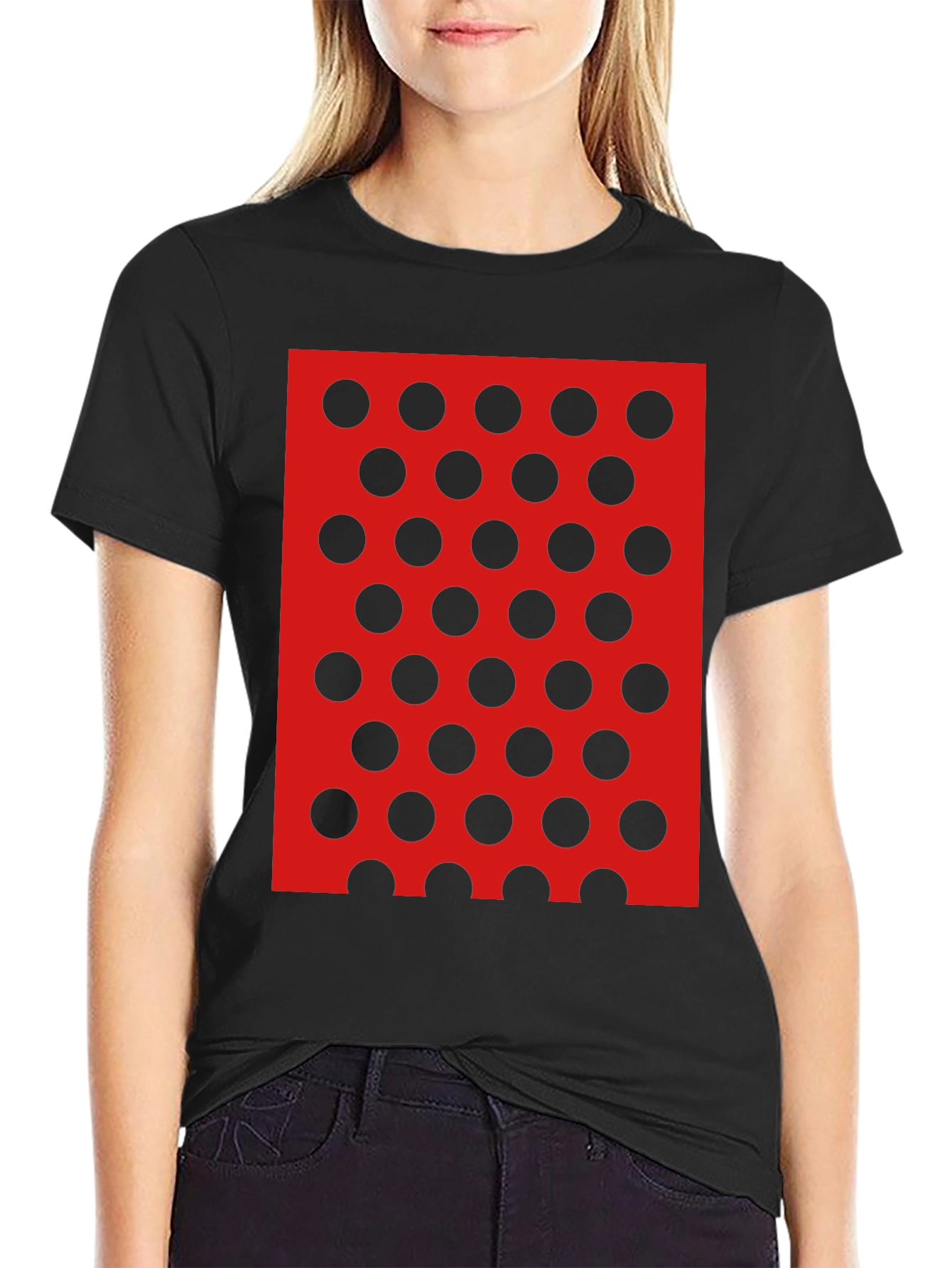 Black Tee with Red and Black Polka Dot Design