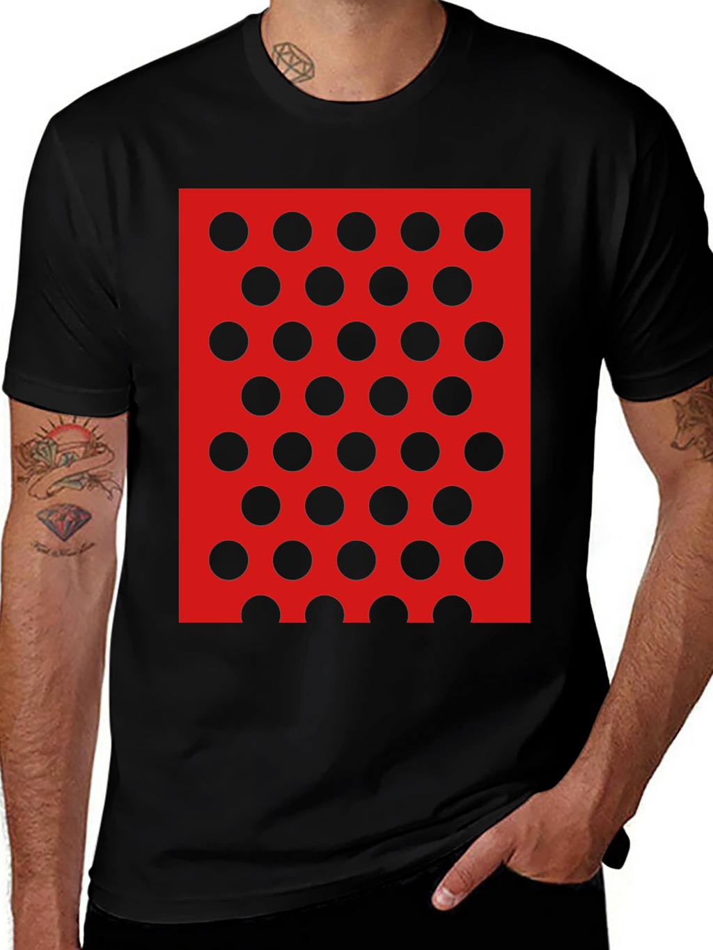 Black Tee with Red and Black Polka Dot Design