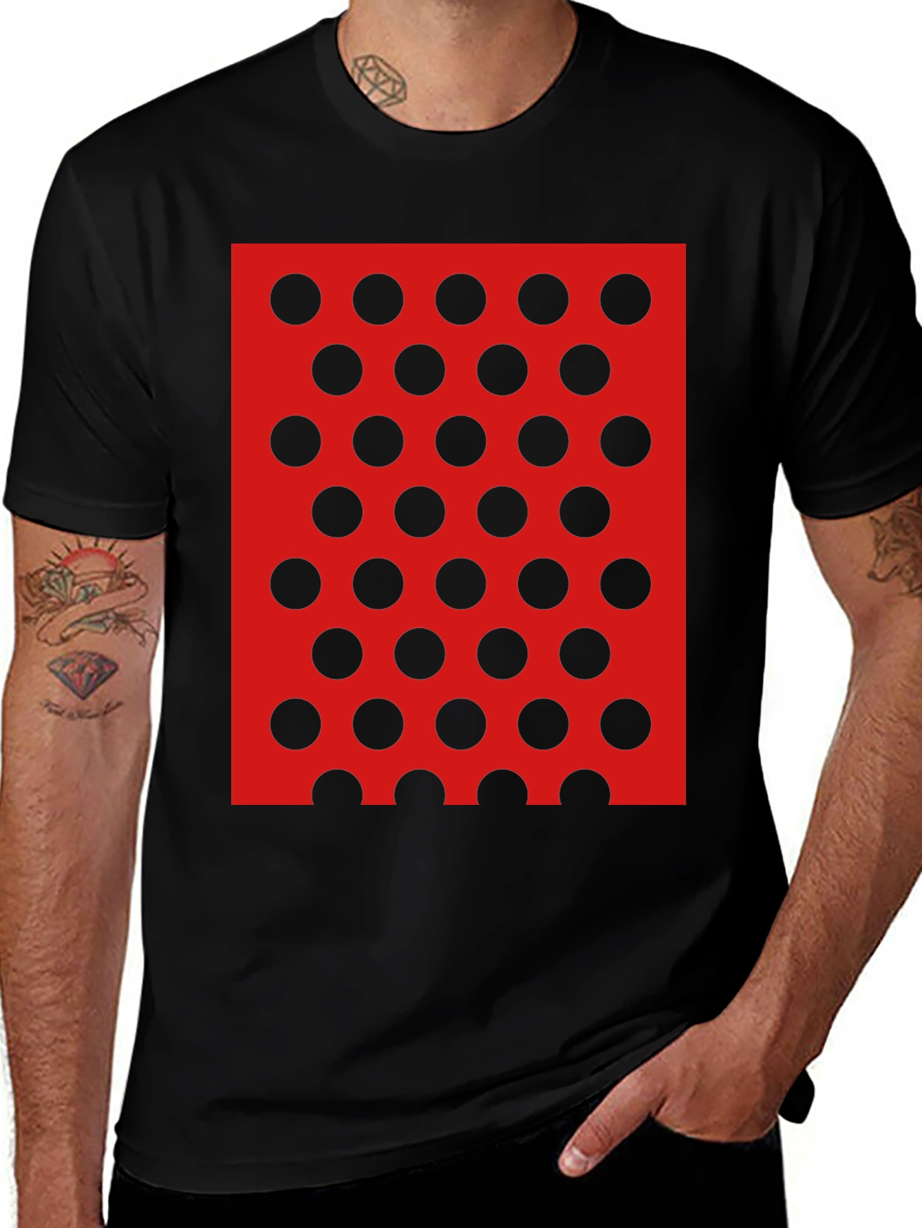 Black Tee with Red and Black Polka Dot Design