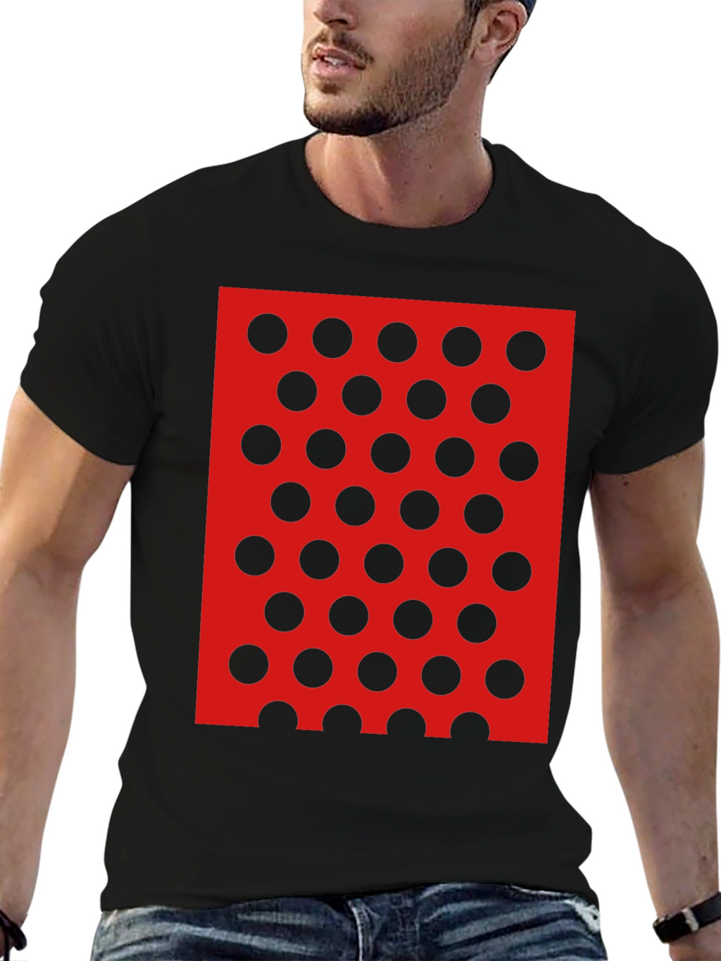 Black Tee with Red and Black Polka Dot Design