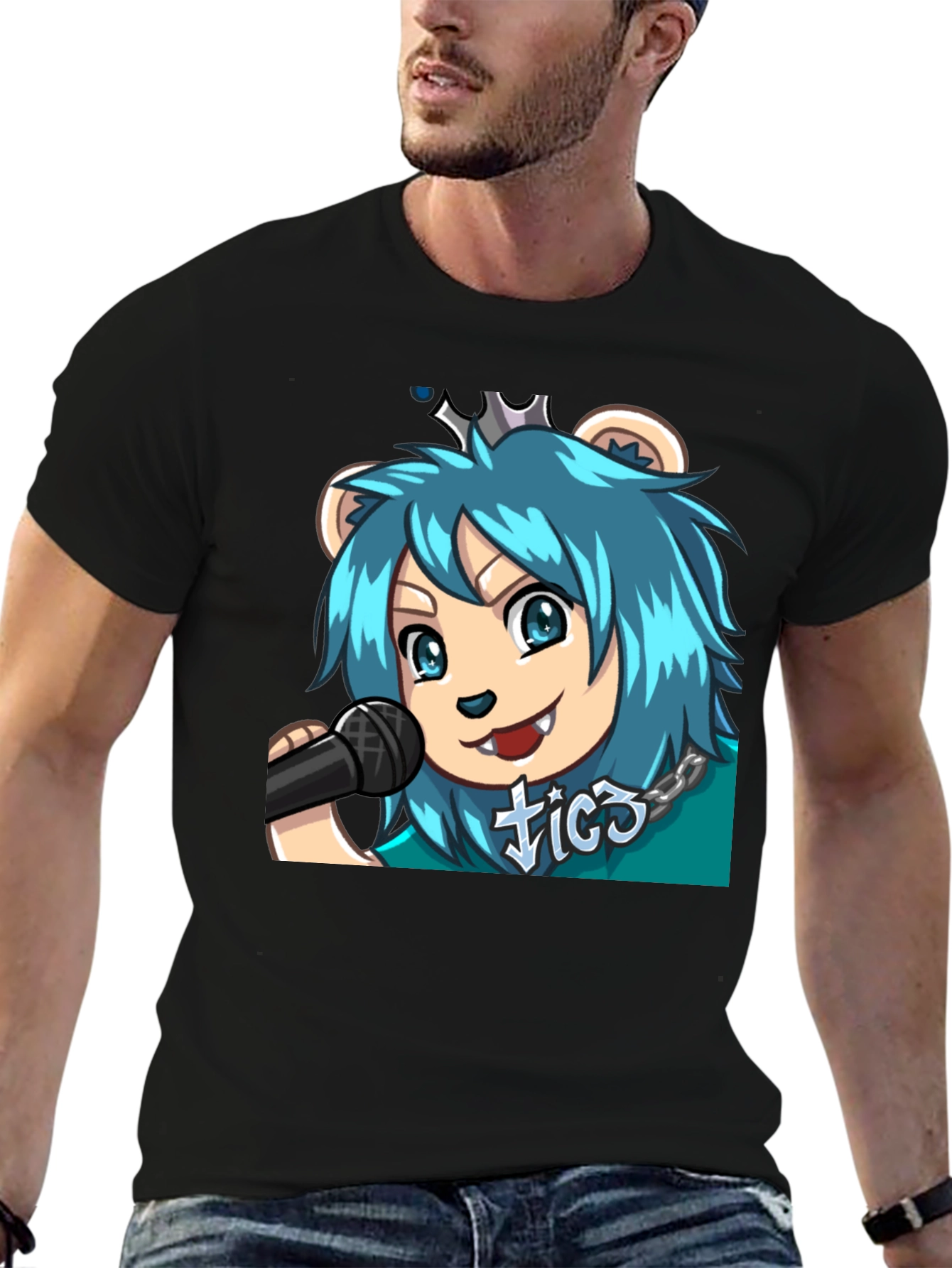Blue Haired Anime Lion Graphic T-Shirt