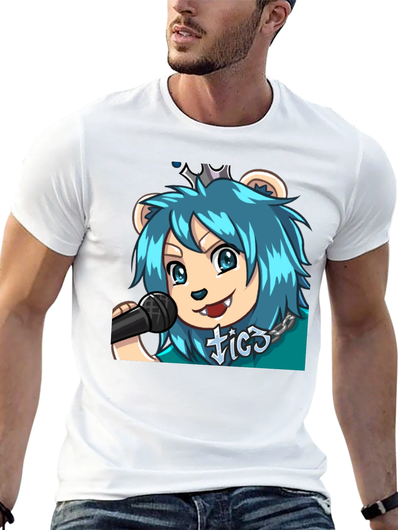 Blue Haired Anime Lion Graphic T-Shirt