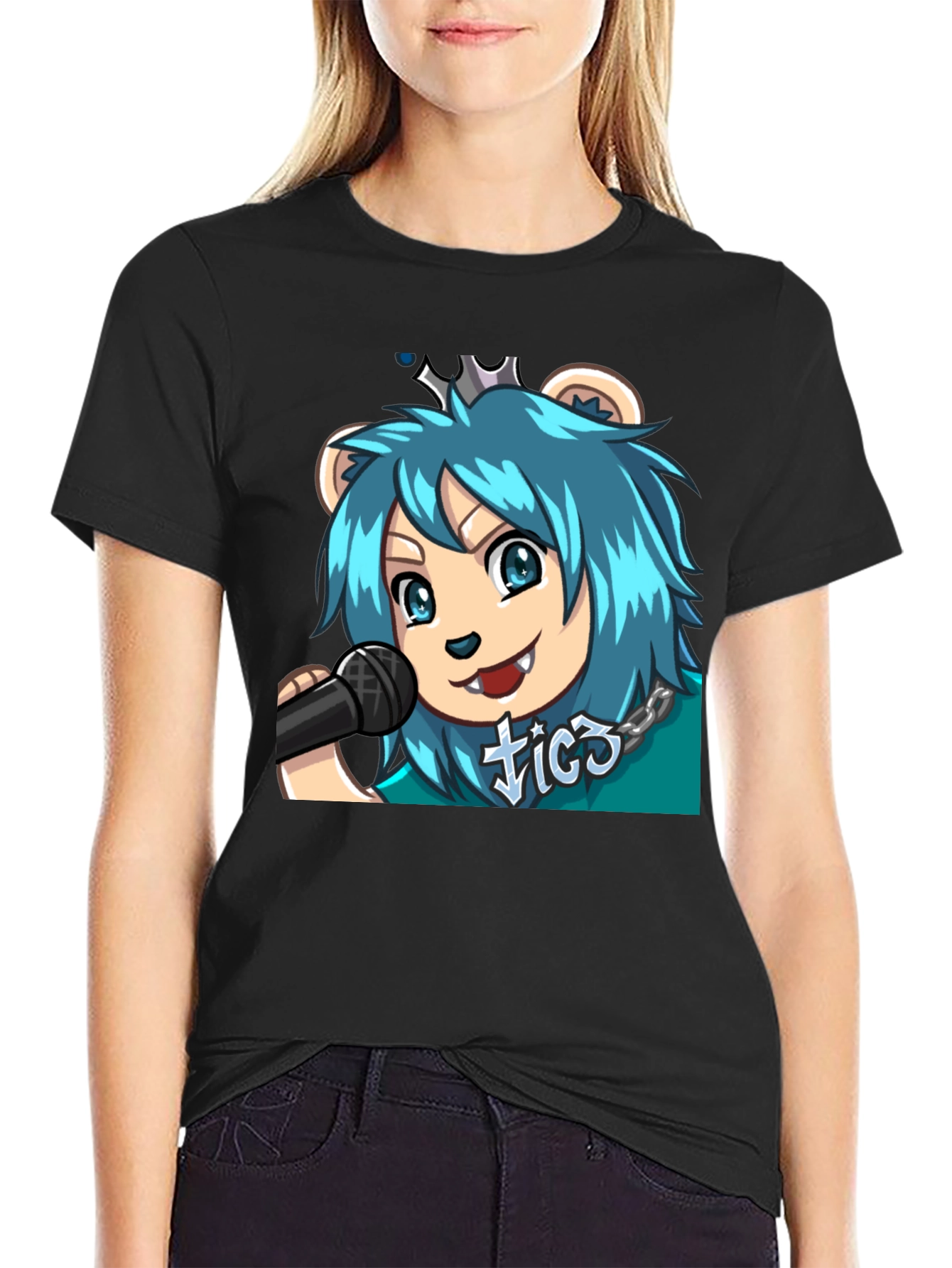 Blue Haired Anime Lion Graphic T-Shirt