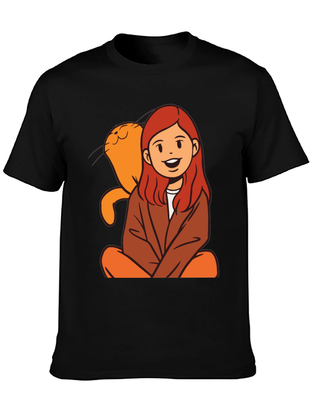 Cartoon Girl & Cat Graphic Black T-Shirt