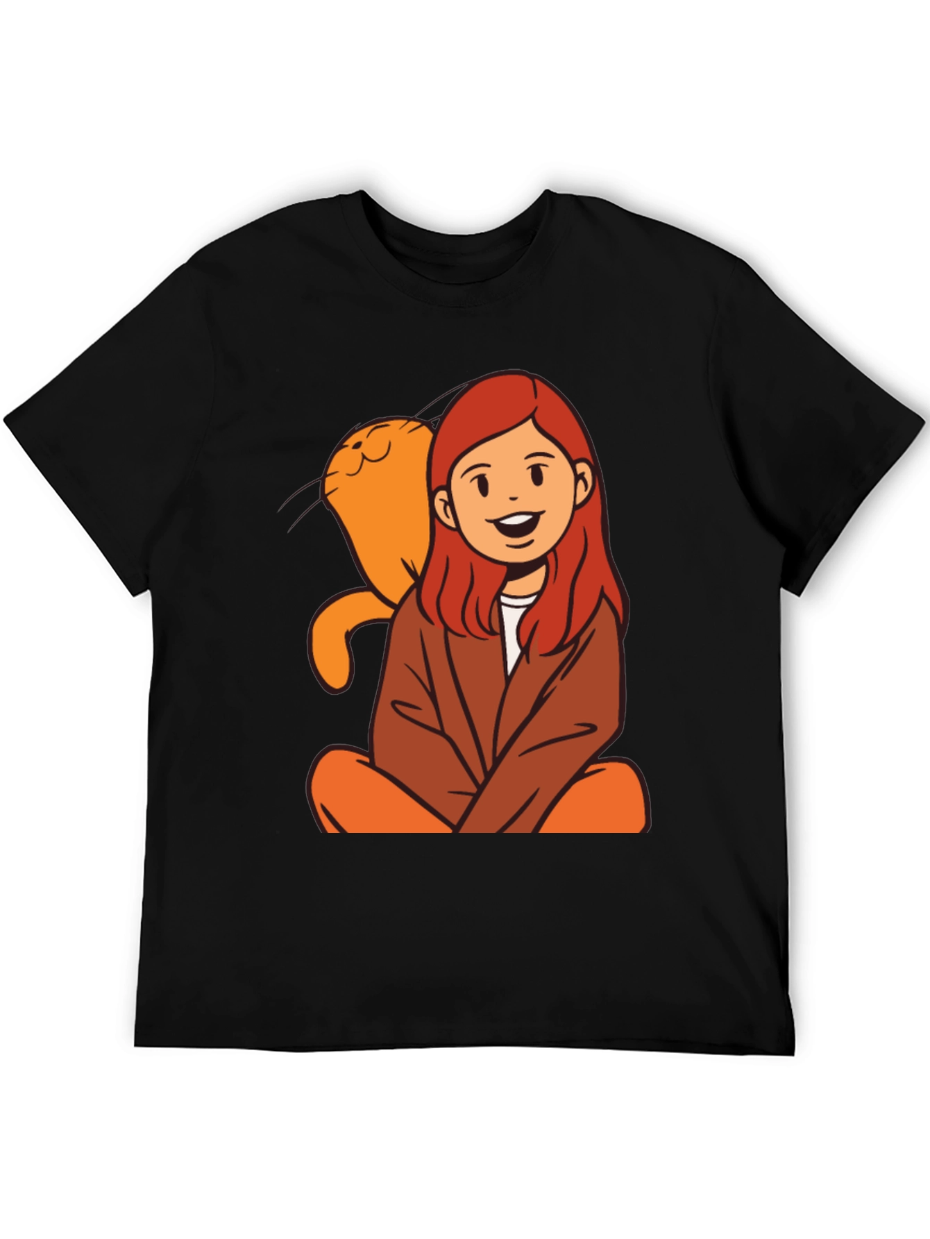 Cartoon Girl & Cat Graphic Black T-Shirt
