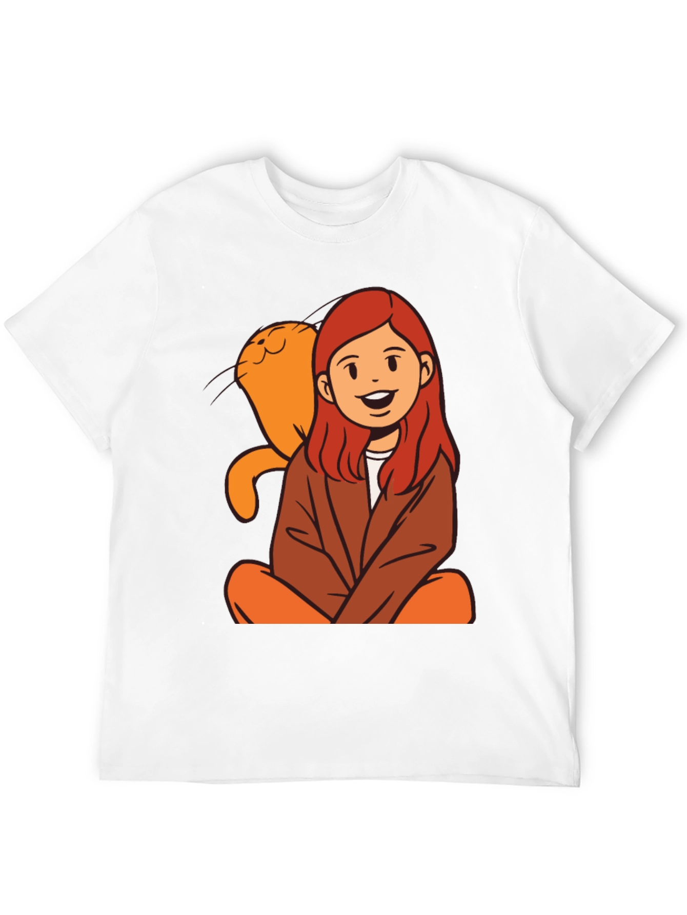 Cartoon Girl & Cat Graphic Black T-Shirt