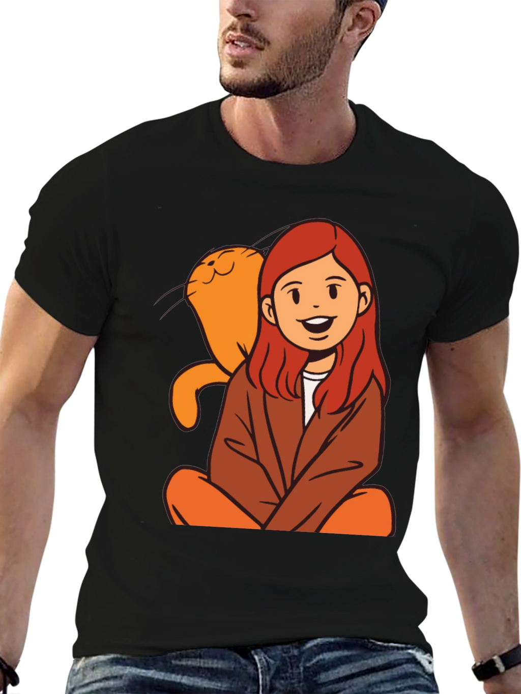Cartoon Girl & Cat Graphic Black T-Shirt