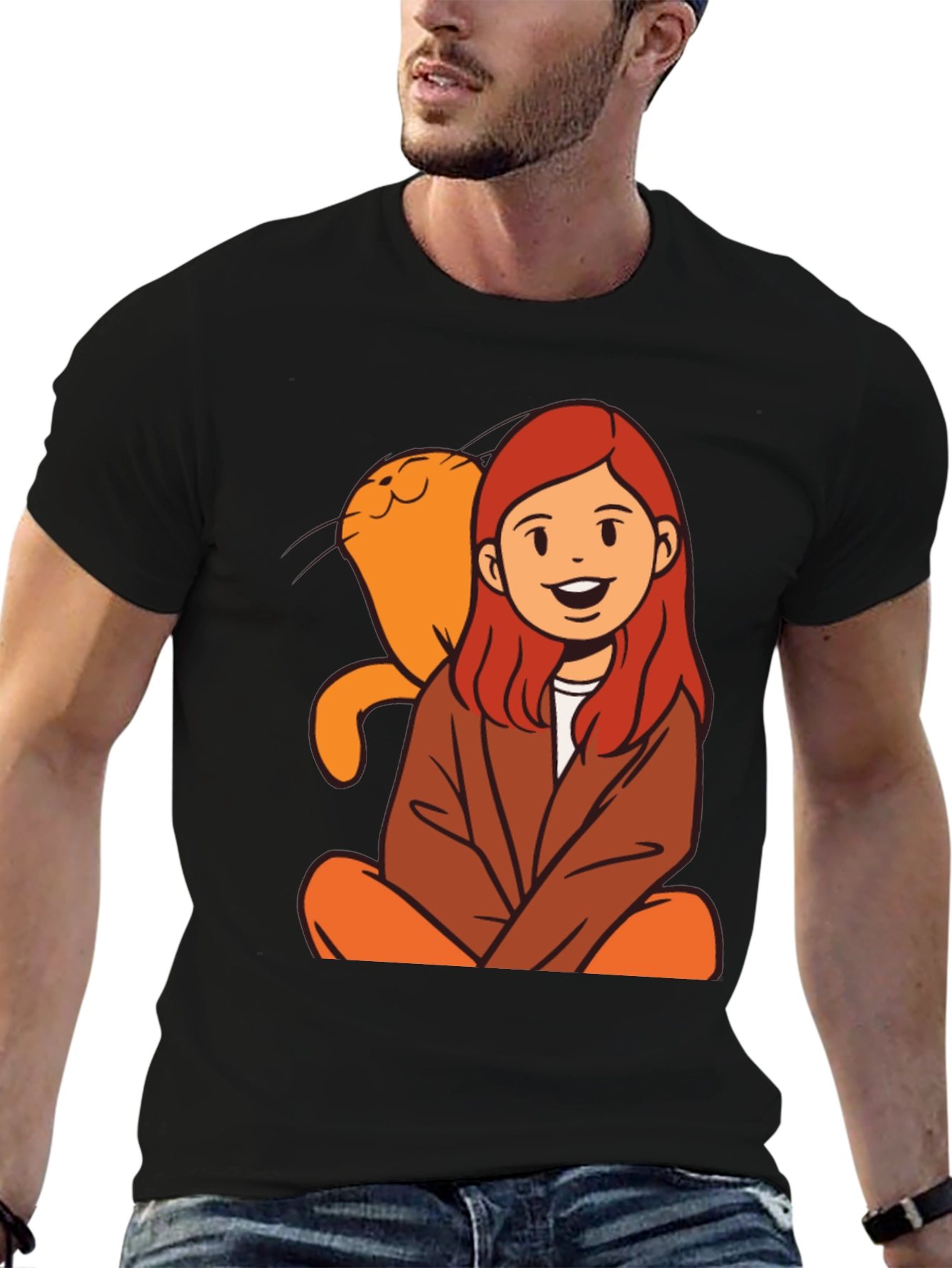 Cartoon Girl & Cat Graphic Black T-Shirt
