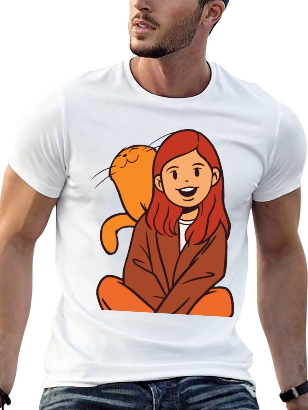 Cartoon Girl & Cat Graphic Black T-Shirt