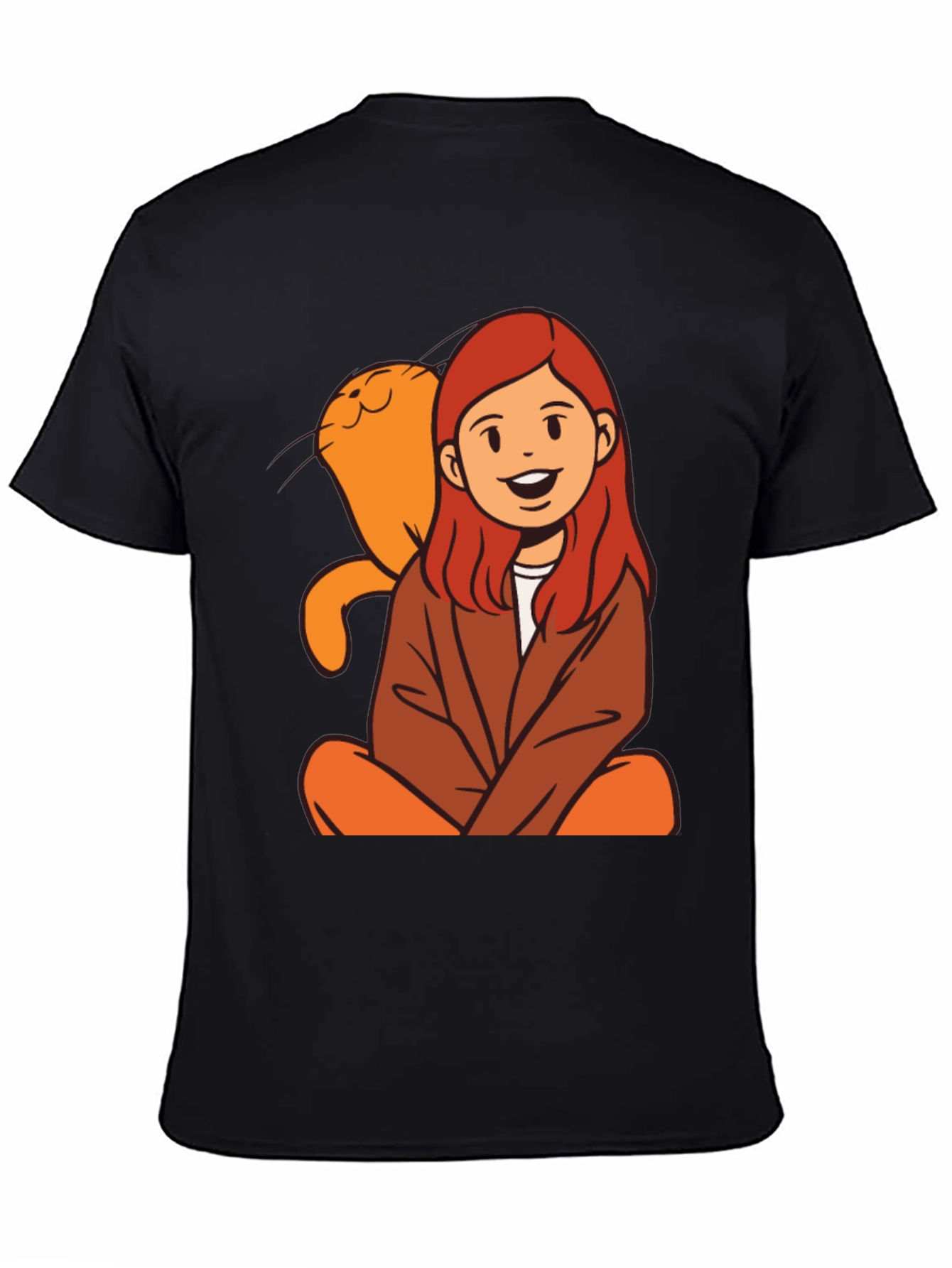 Cartoon Girl & Cat Graphic Black T-Shirt