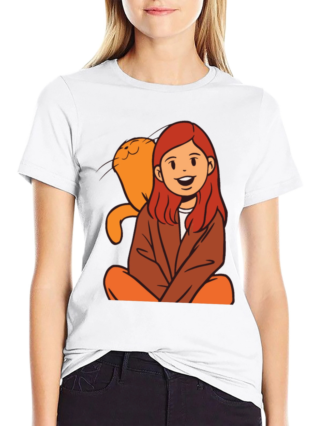 Cartoon Girl & Cat Graphic Black T-Shirt