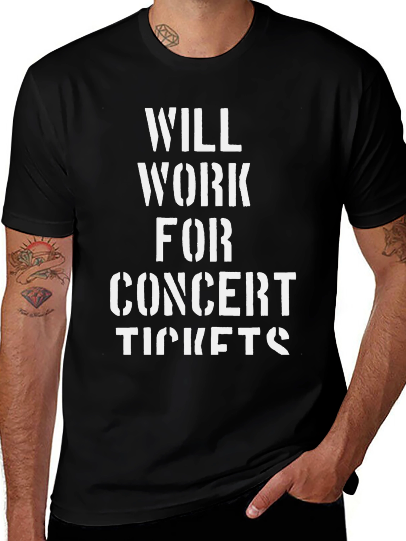 Will Work for Concert Tickets Black Graphic T-Shirt