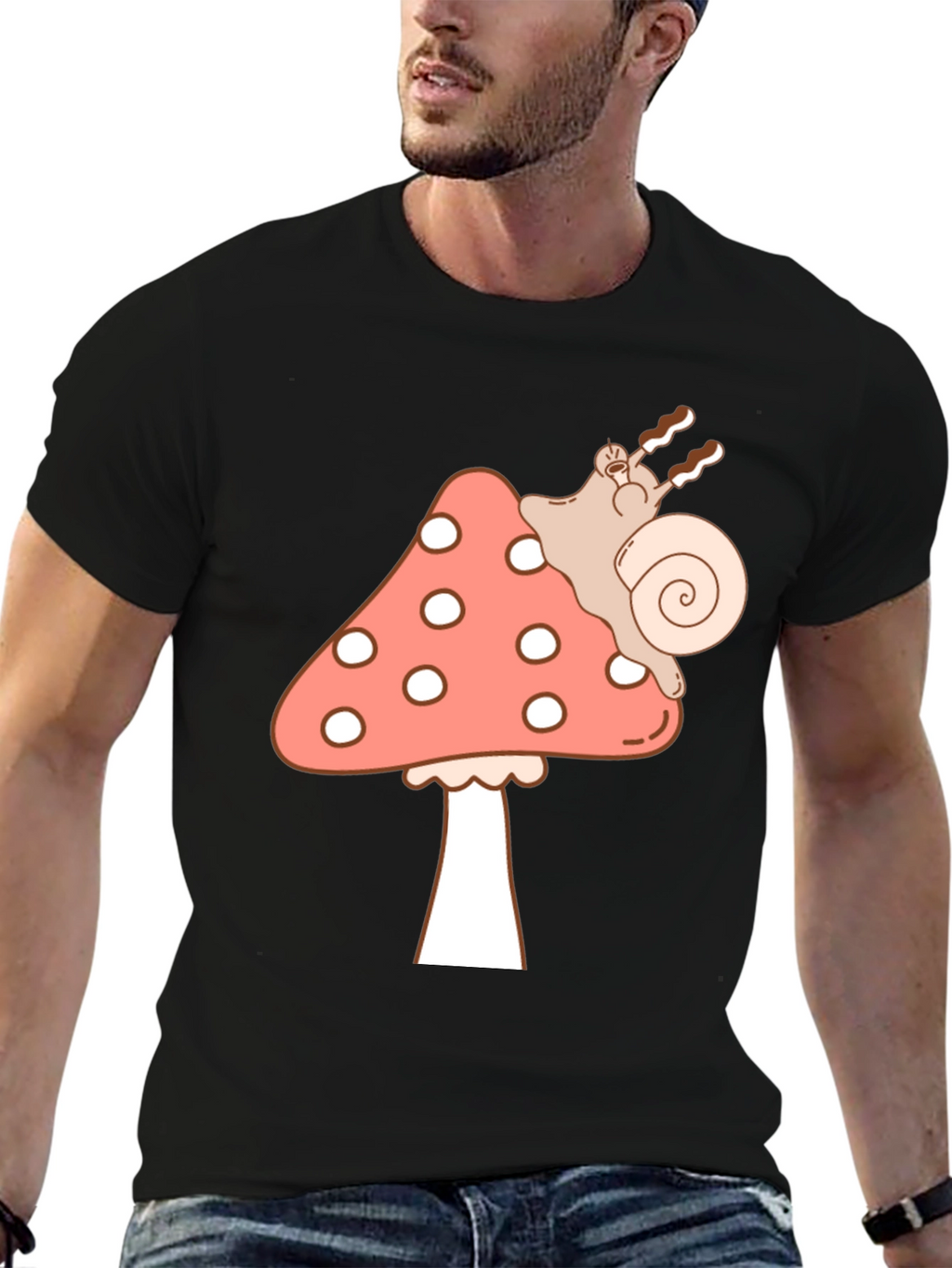 Mushroom Snail Graphic Tee - Black Cotton T-Shirt