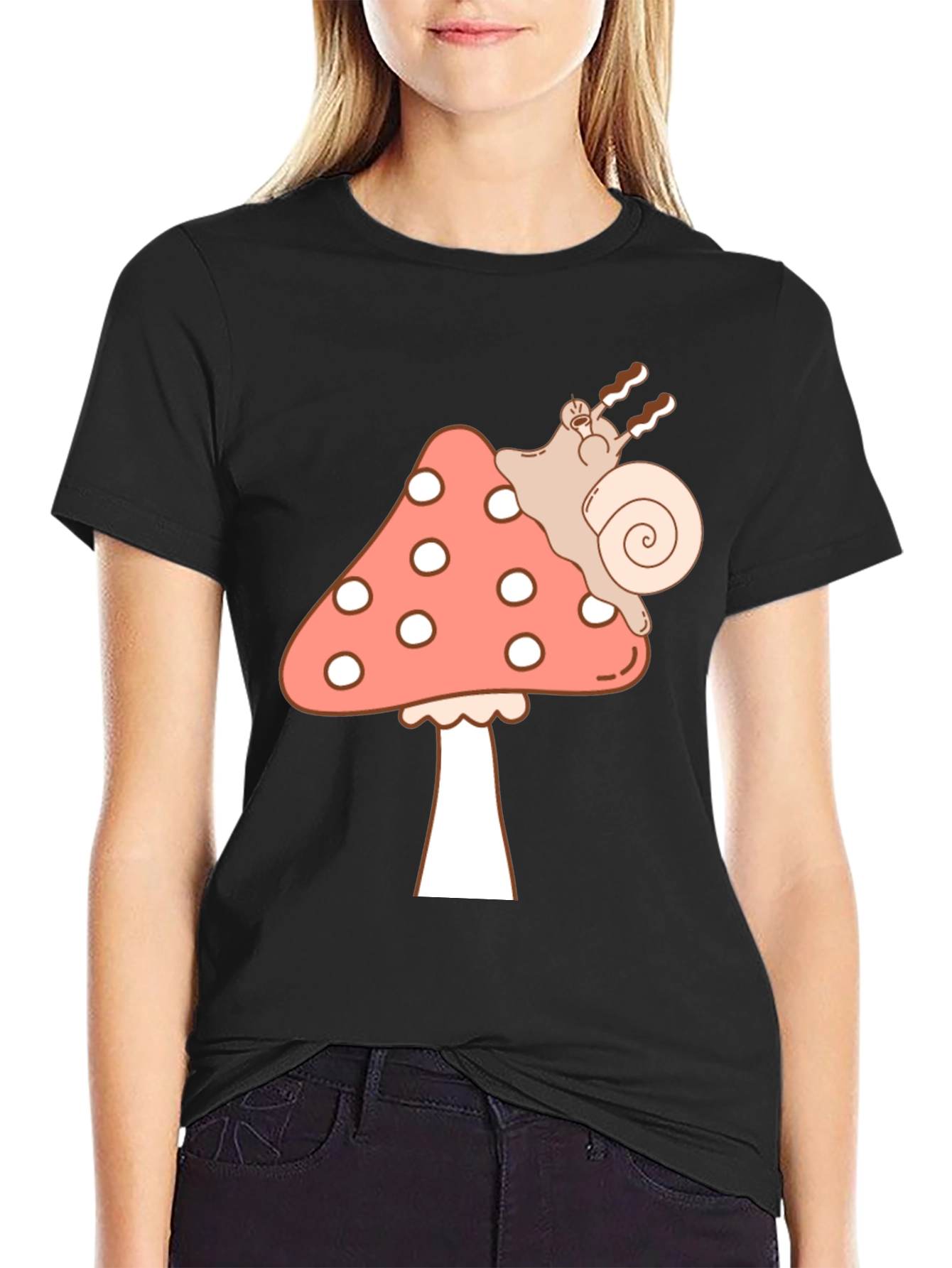 Mushroom Snail Graphic Tee - Black Cotton T-Shirt