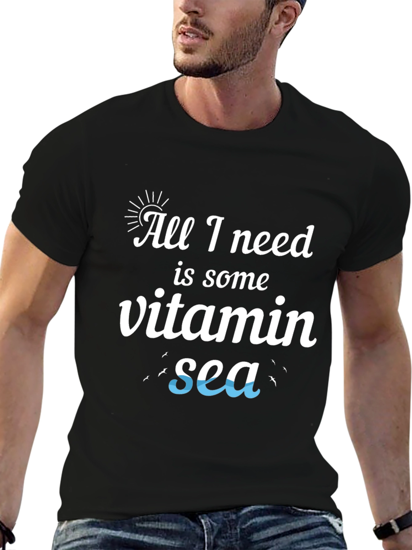 Vitamin Sea Black Cotton T-Shirt - Beach Lover Tee