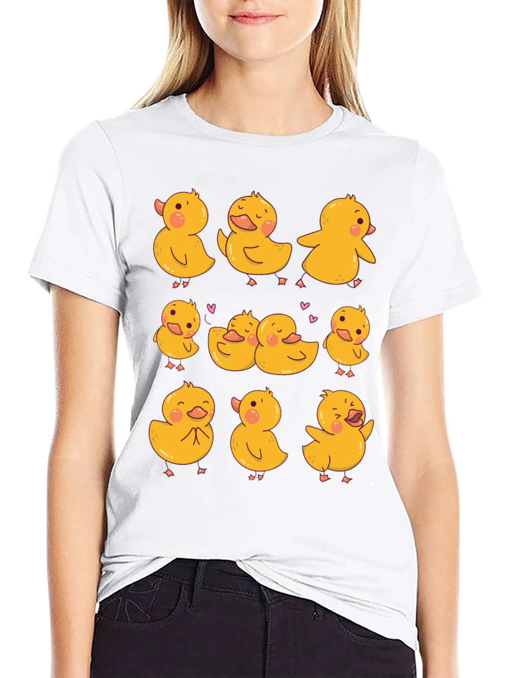 Cute Duckling Print Black T-Shirt