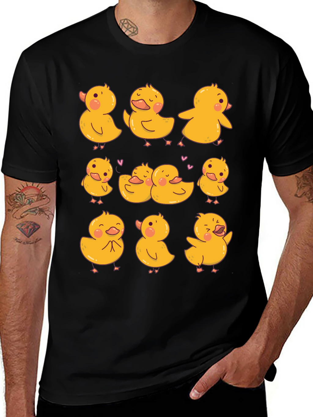 Cute Duckling Print Black T-Shirt