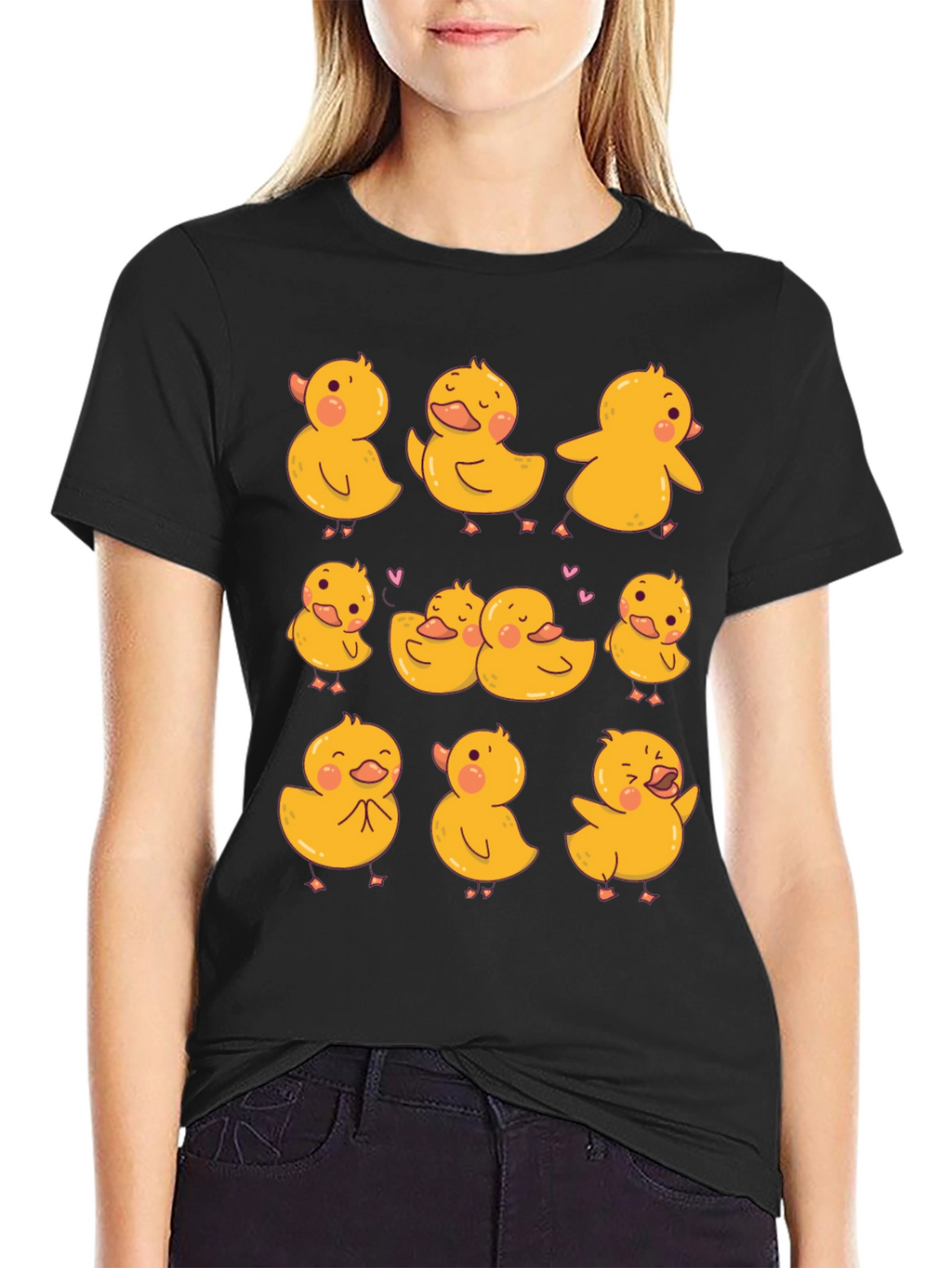 Cute Duckling Print Black T-Shirt