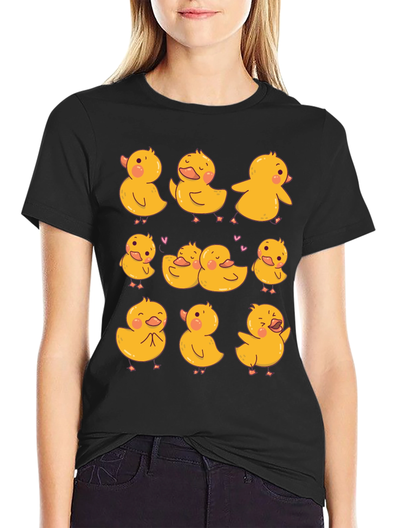 Cute Duckling Print Black T-Shirt