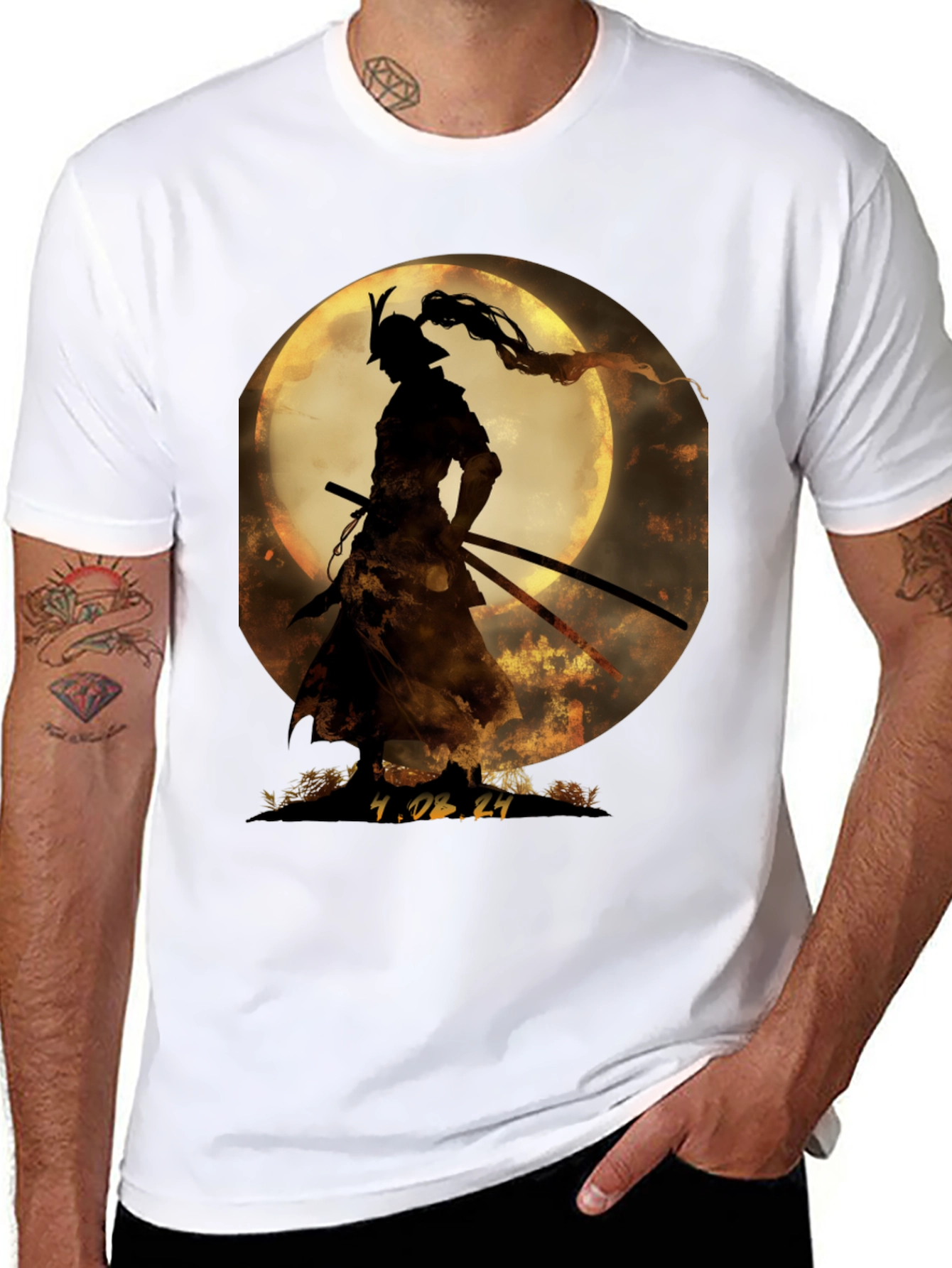 Samurai Moon Graphic Tee - Unique Japanese Warrior T-Shirt