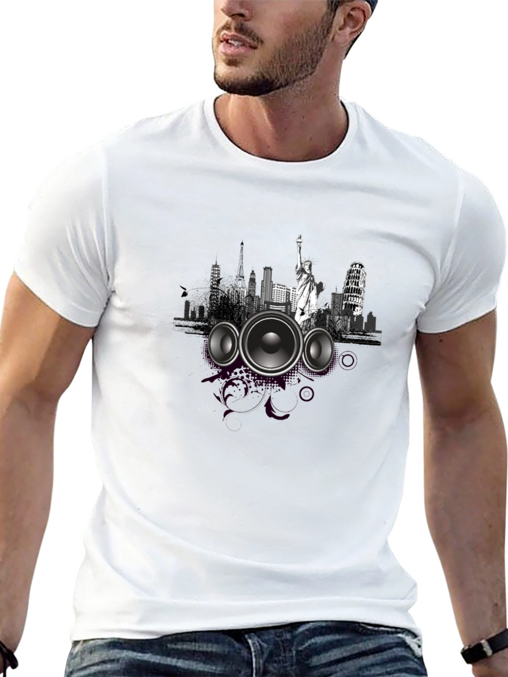 Cityscape Speaker Graphic Tee - Modern Style