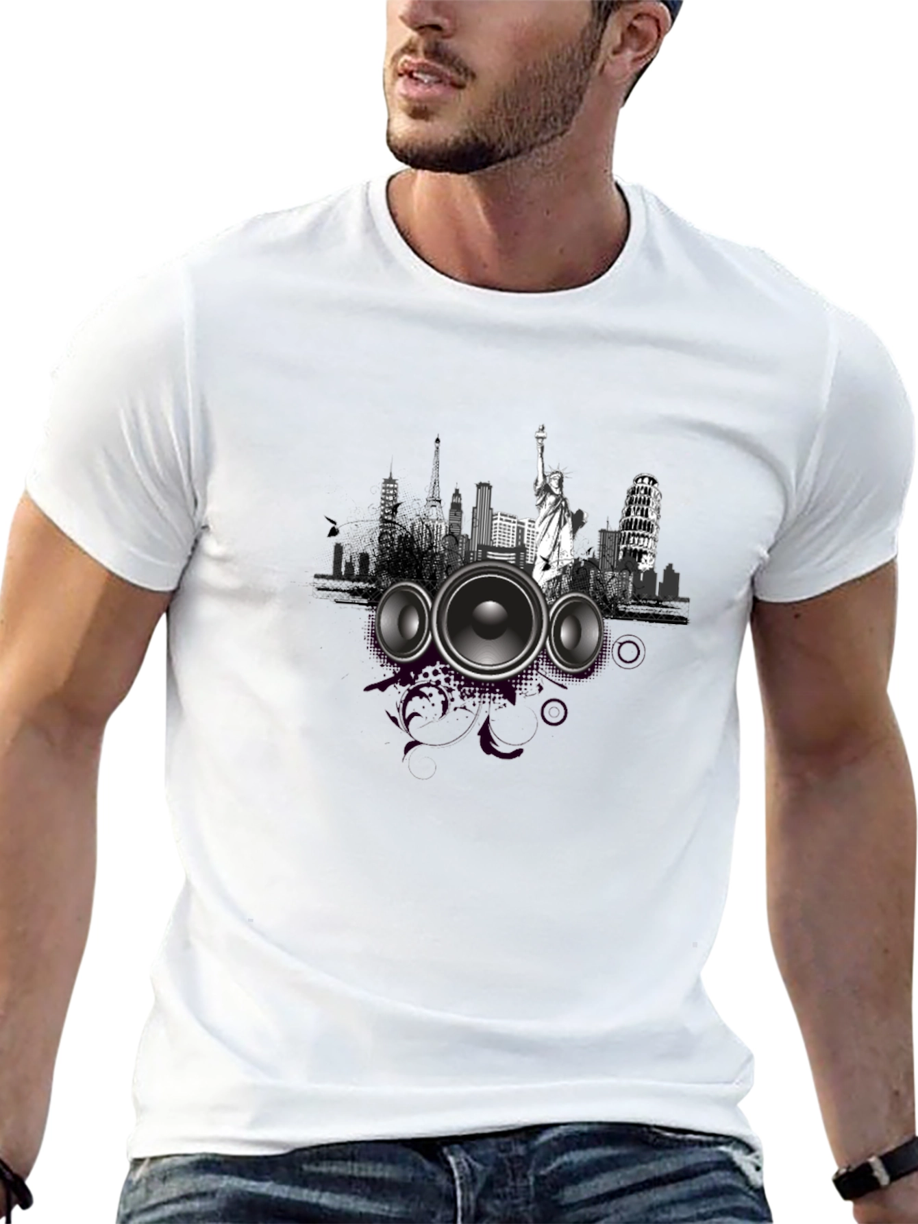 Cityscape Speaker Graphic Tee - Modern Style