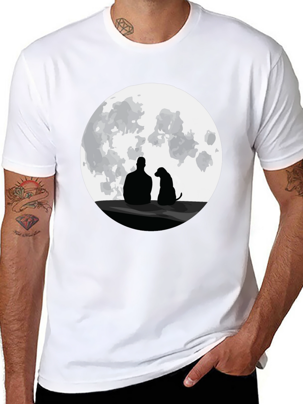 Man and Dog Silhouette Moon Graphic T-Shirt