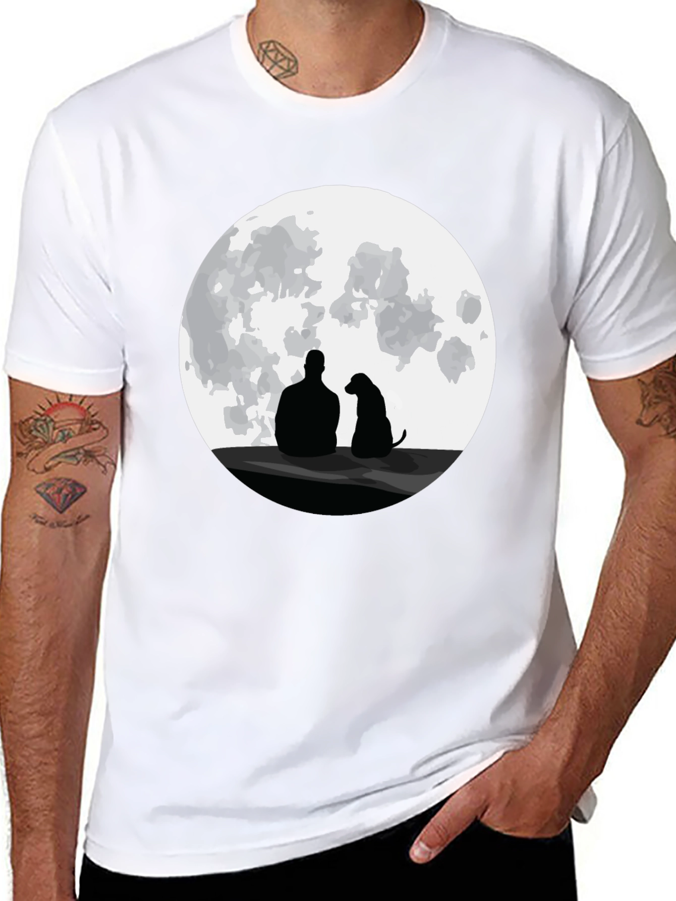 Man and Dog Silhouette Moon Graphic T-Shirt
