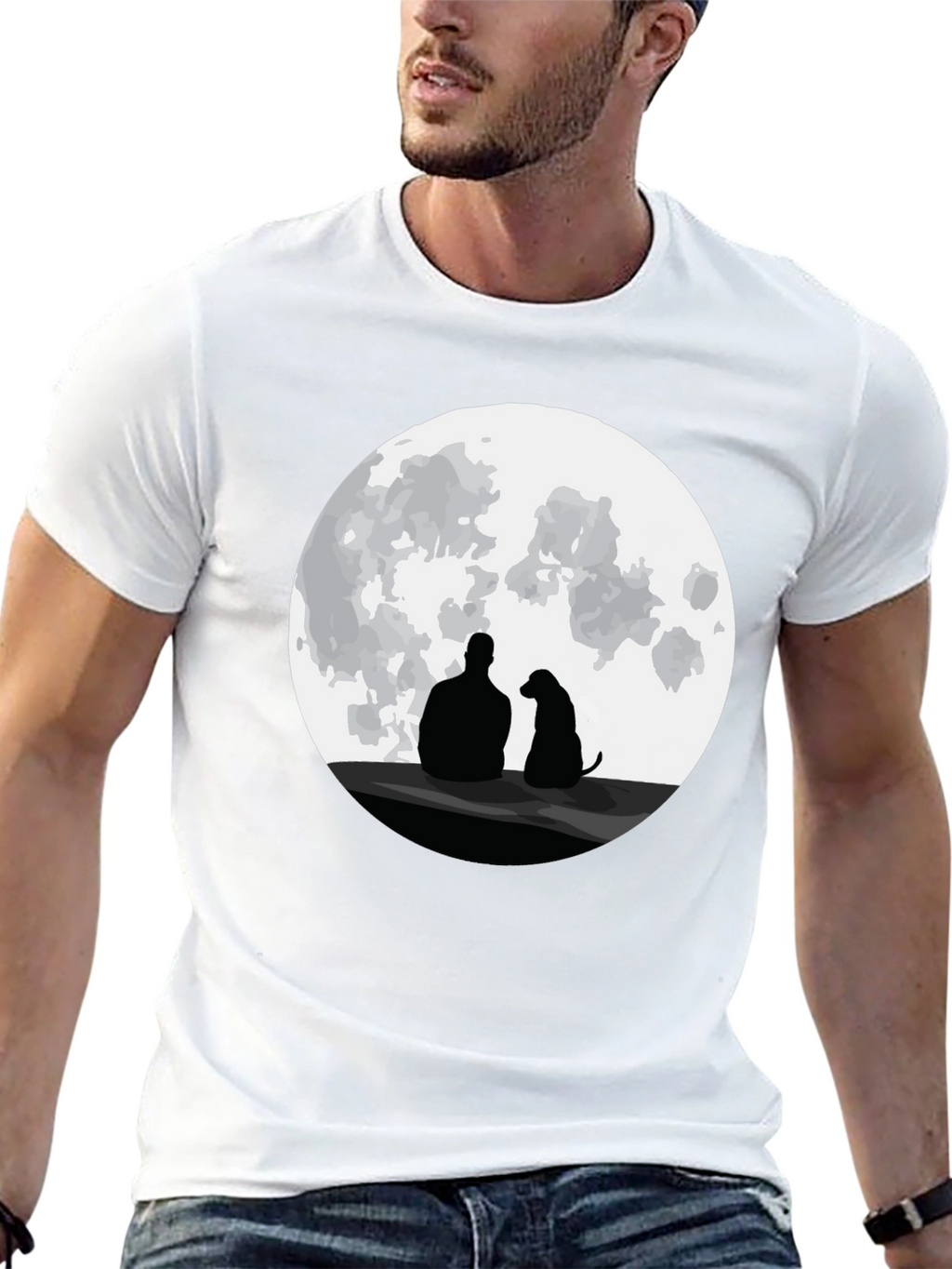 Man and Dog Silhouette Moon Graphic T-Shirt