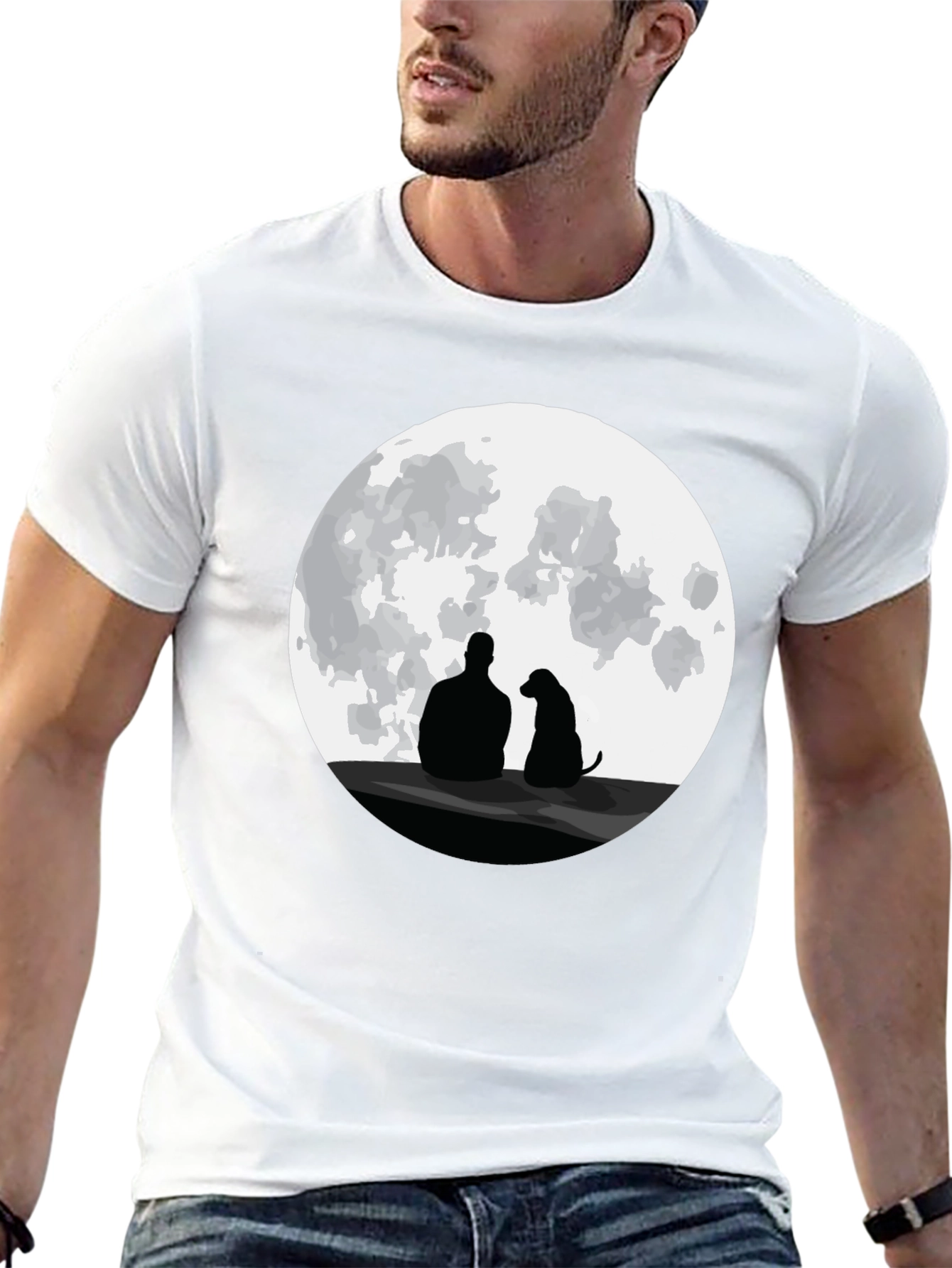 Man and Dog Silhouette Moon Graphic T-Shirt