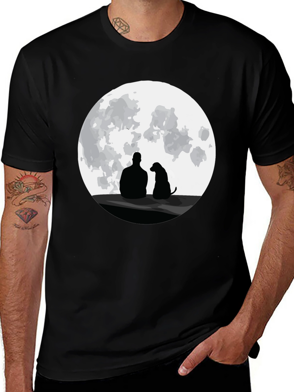 Man and Dog Silhouette Moon Graphic T-Shirt