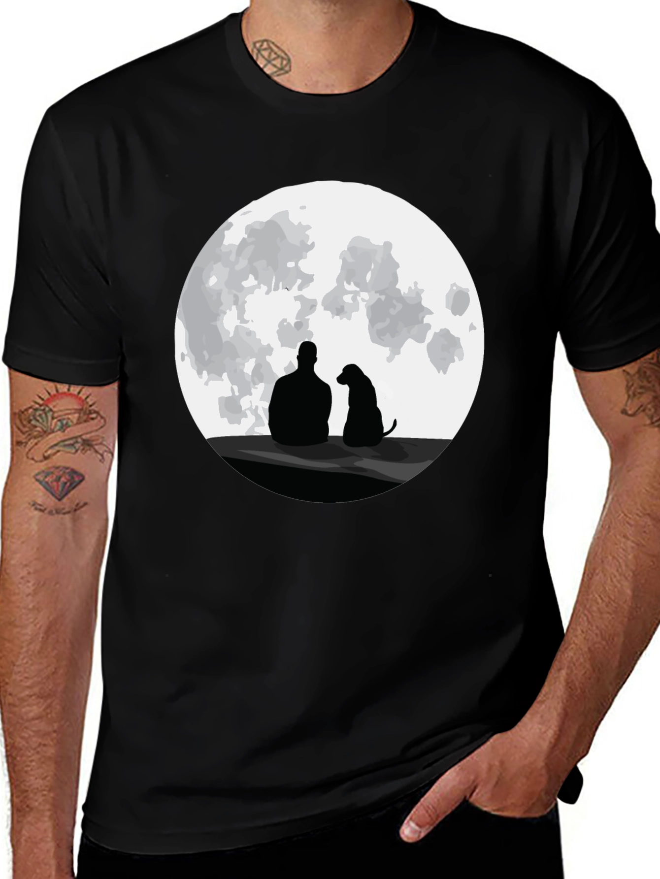 Man and Dog Silhouette Moon Graphic T-Shirt