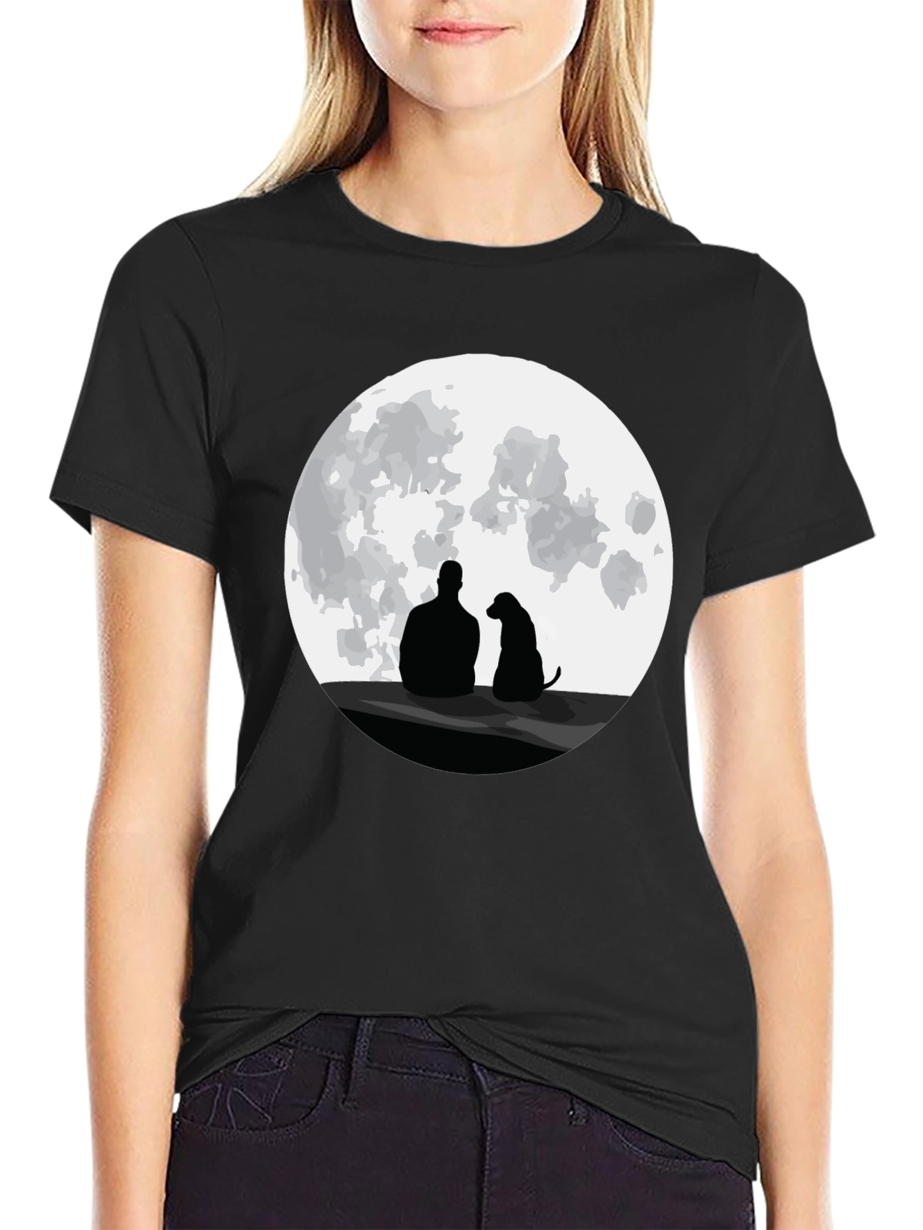 Man and Dog Silhouette Moon Graphic T-Shirt