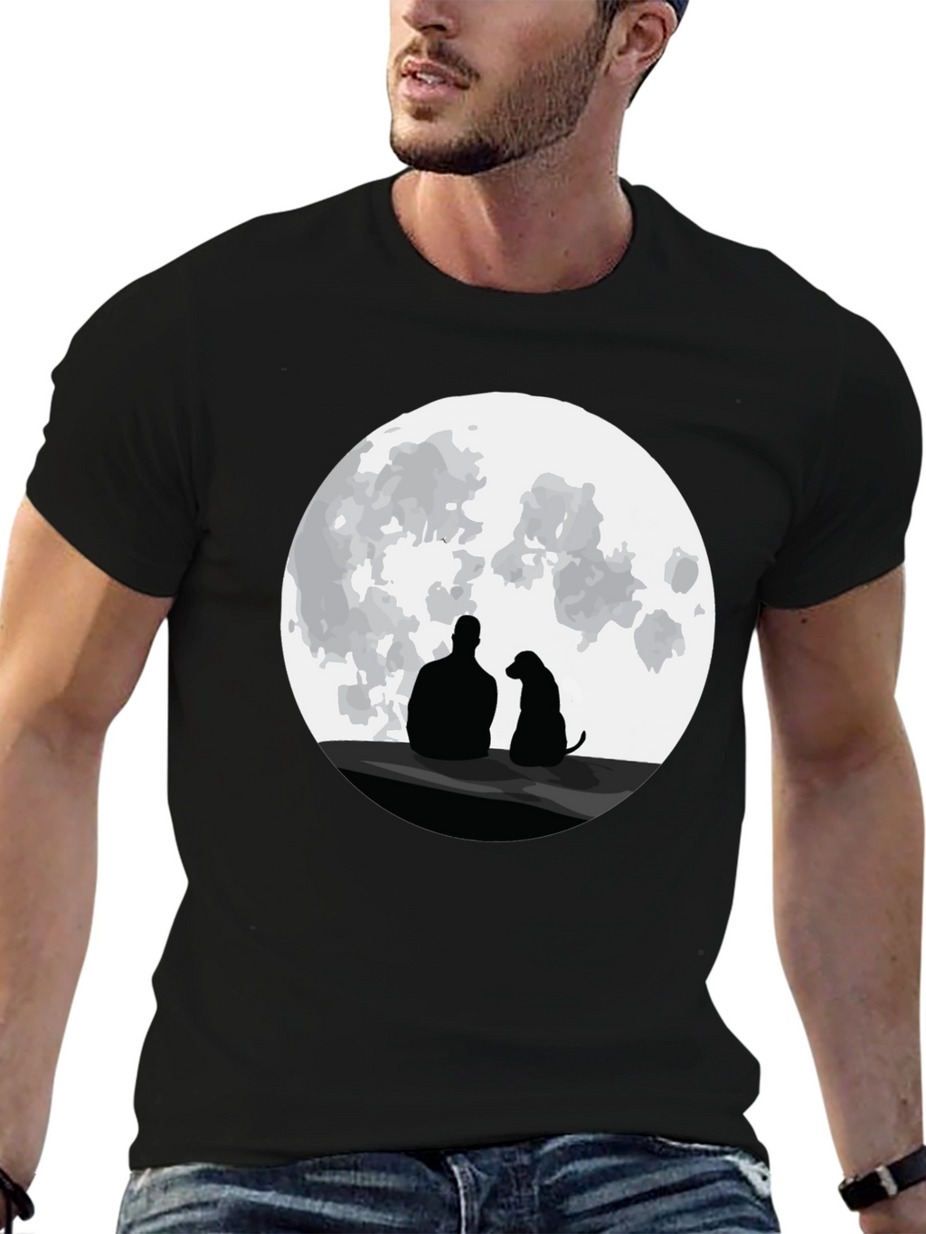 Man and Dog Silhouette Moon Graphic T-Shirt