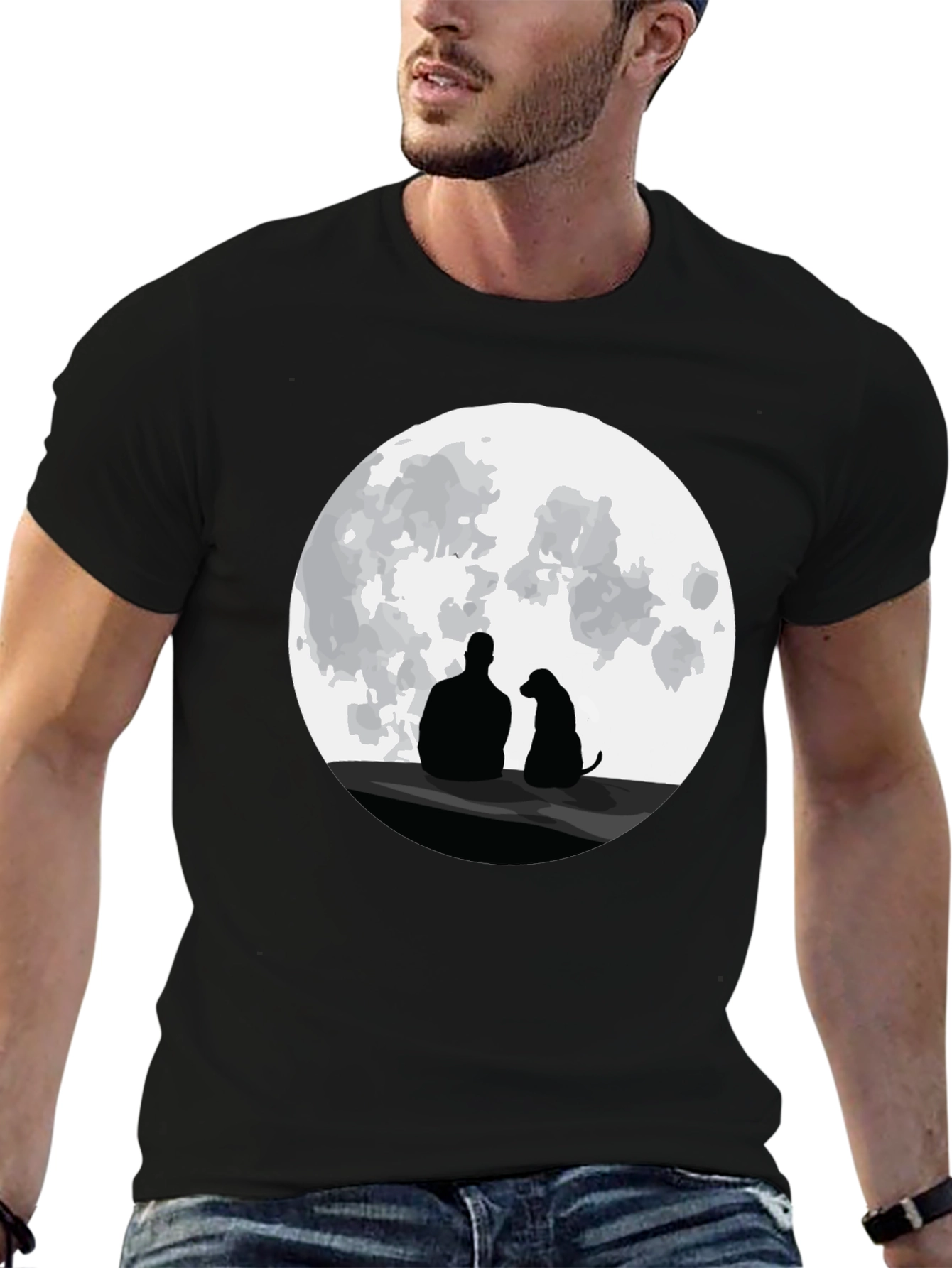 Man and Dog Silhouette Moon Graphic T-Shirt