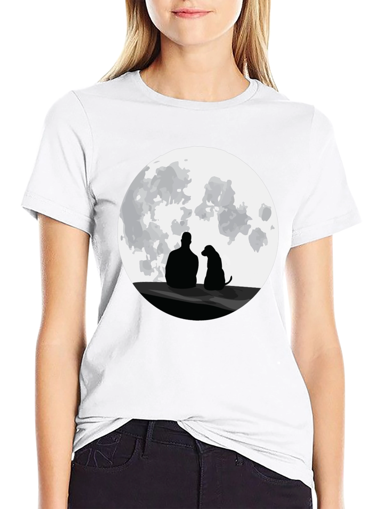 Man and Dog Silhouette Moon Graphic T-Shirt