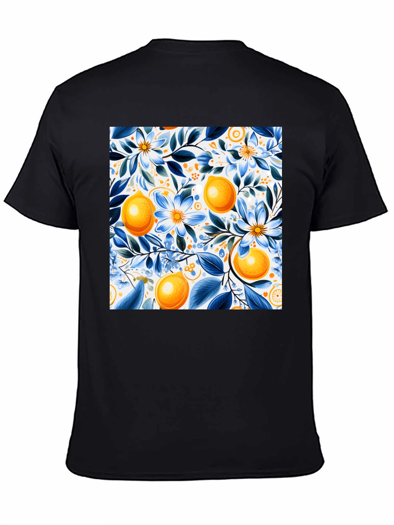 Floral Lemon Print Black T-Shirt