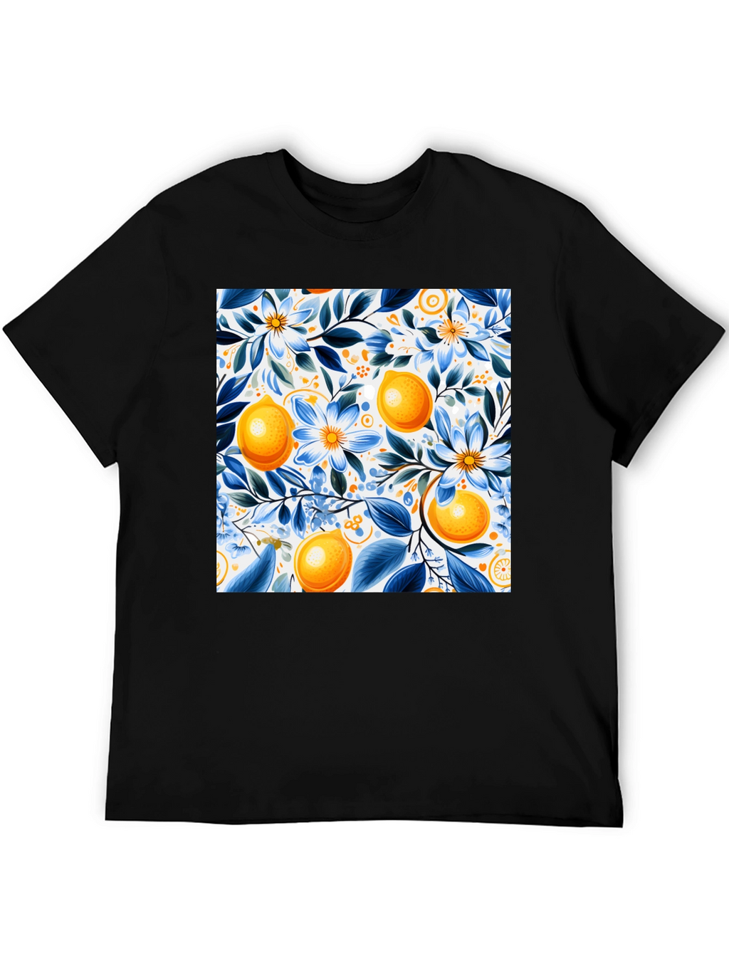 Floral Lemon Print Black T-Shirt