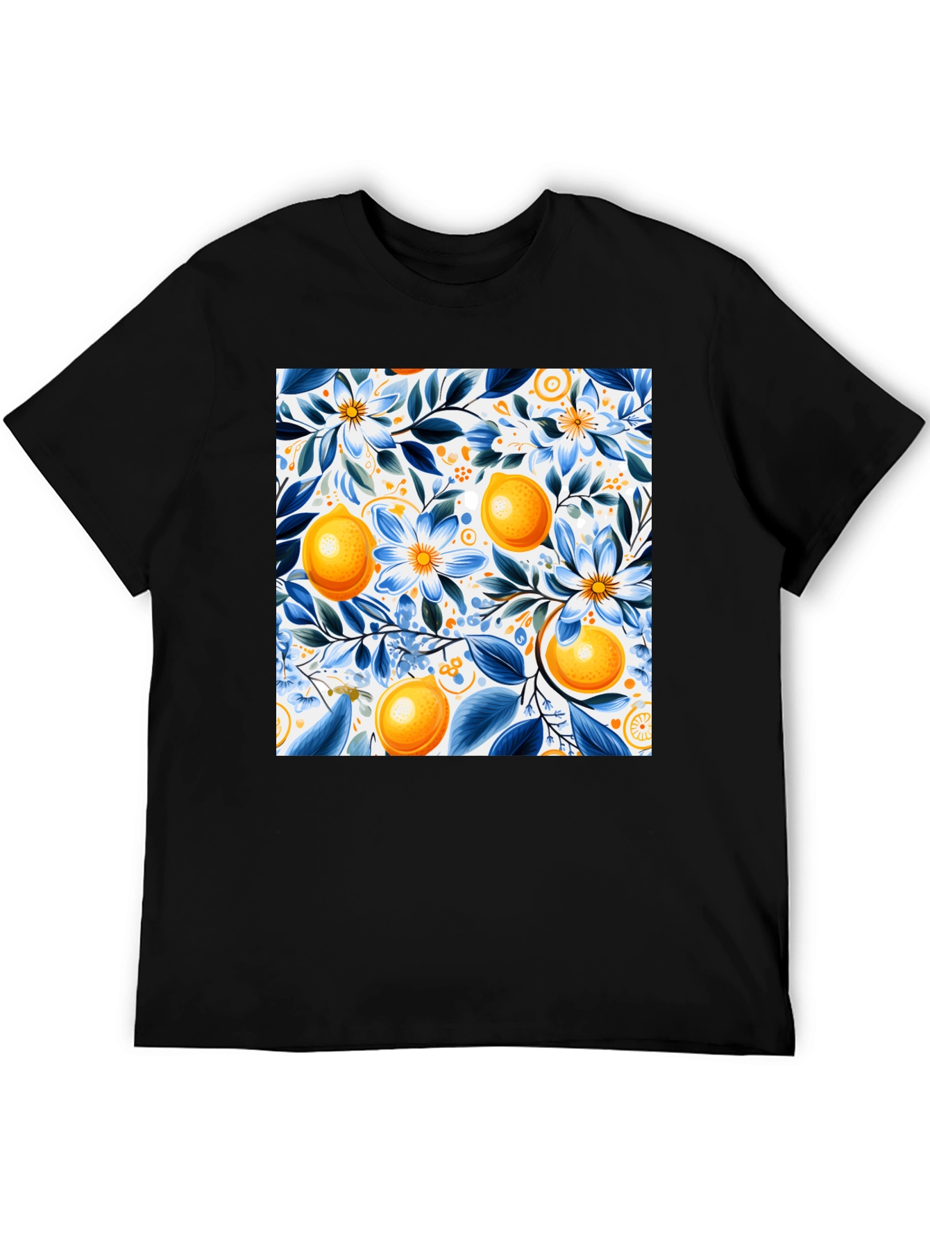 Floral Lemon Print Black T-Shirt