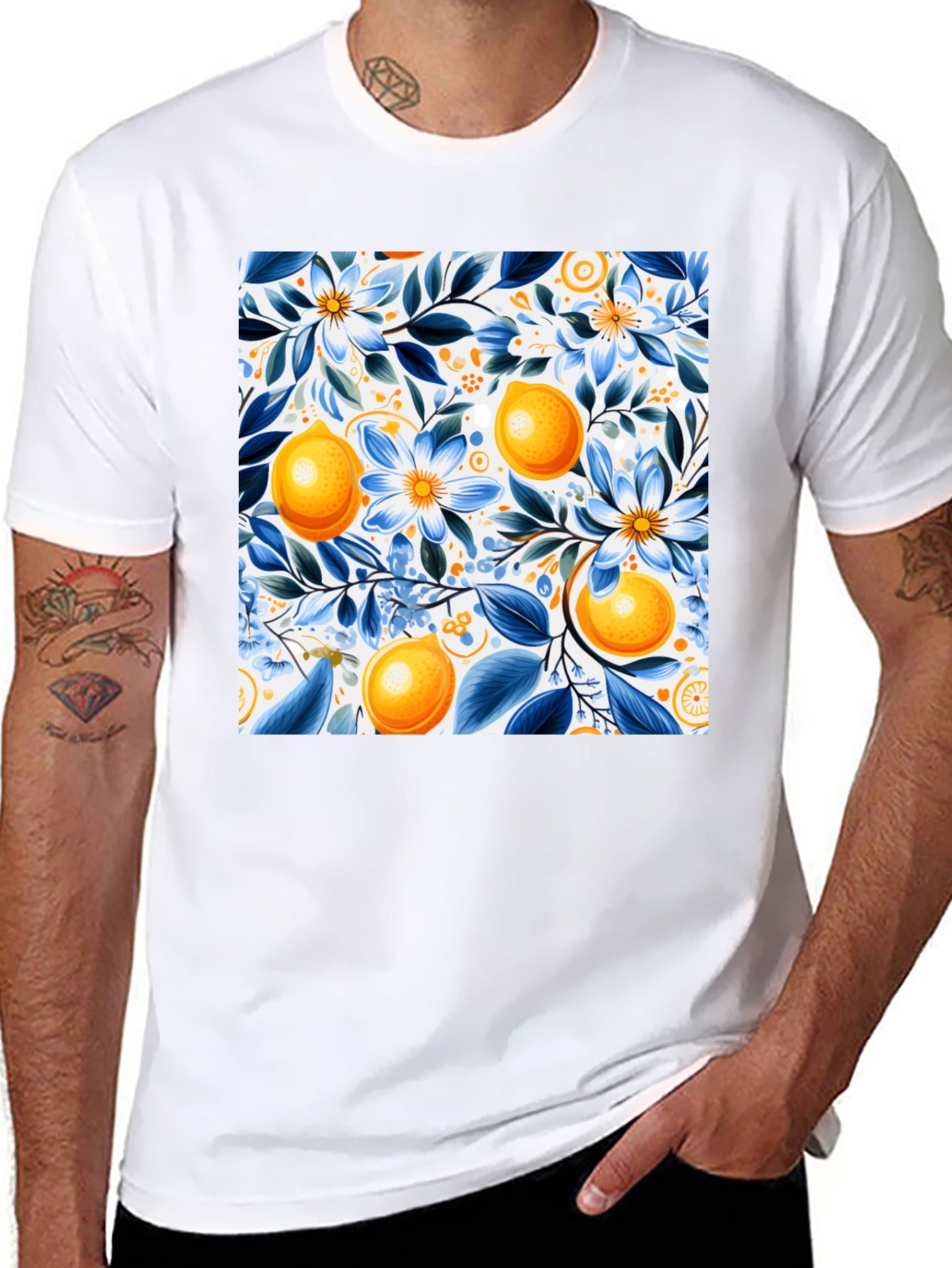 Floral Lemon Print Black T-Shirt