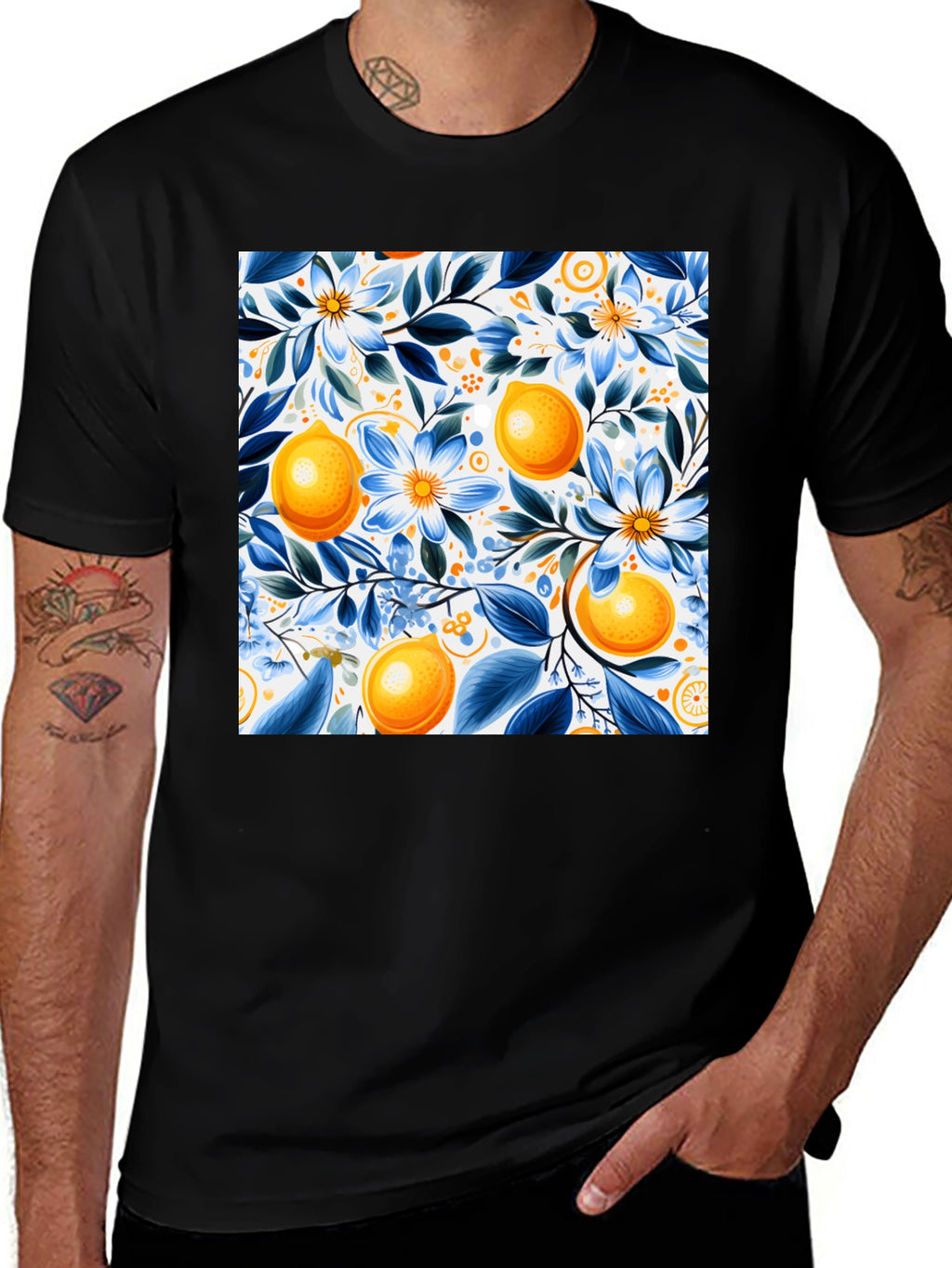 Floral Lemon Print Black T-Shirt