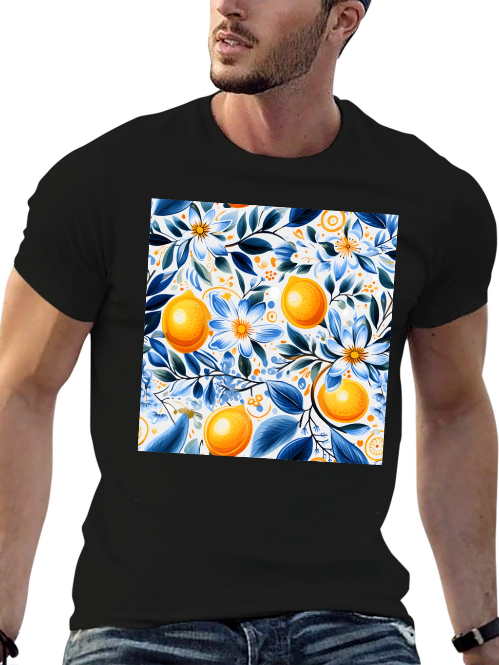 Floral Lemon Print Black T-Shirt