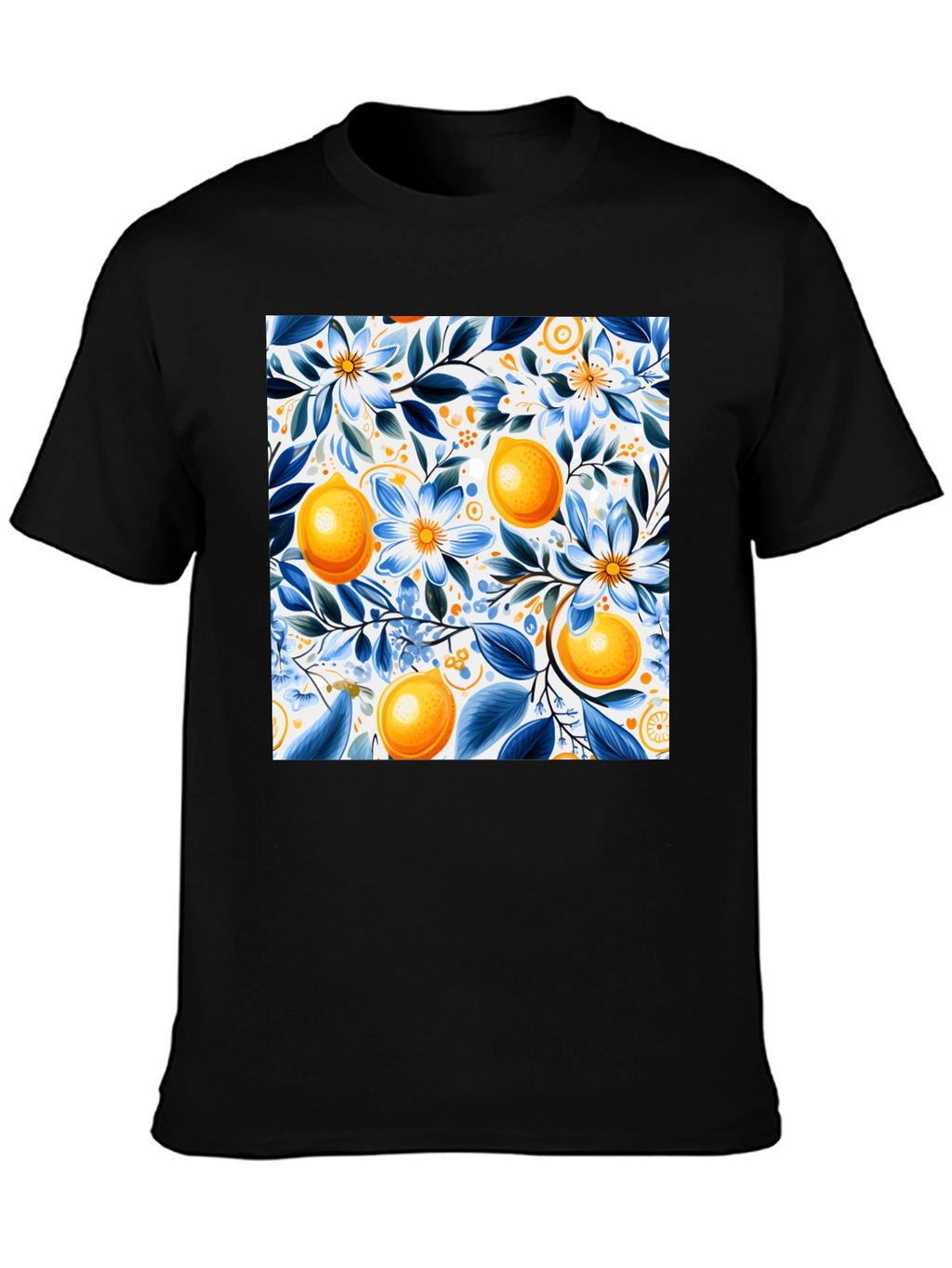 Floral Lemon Print Black T-Shirt