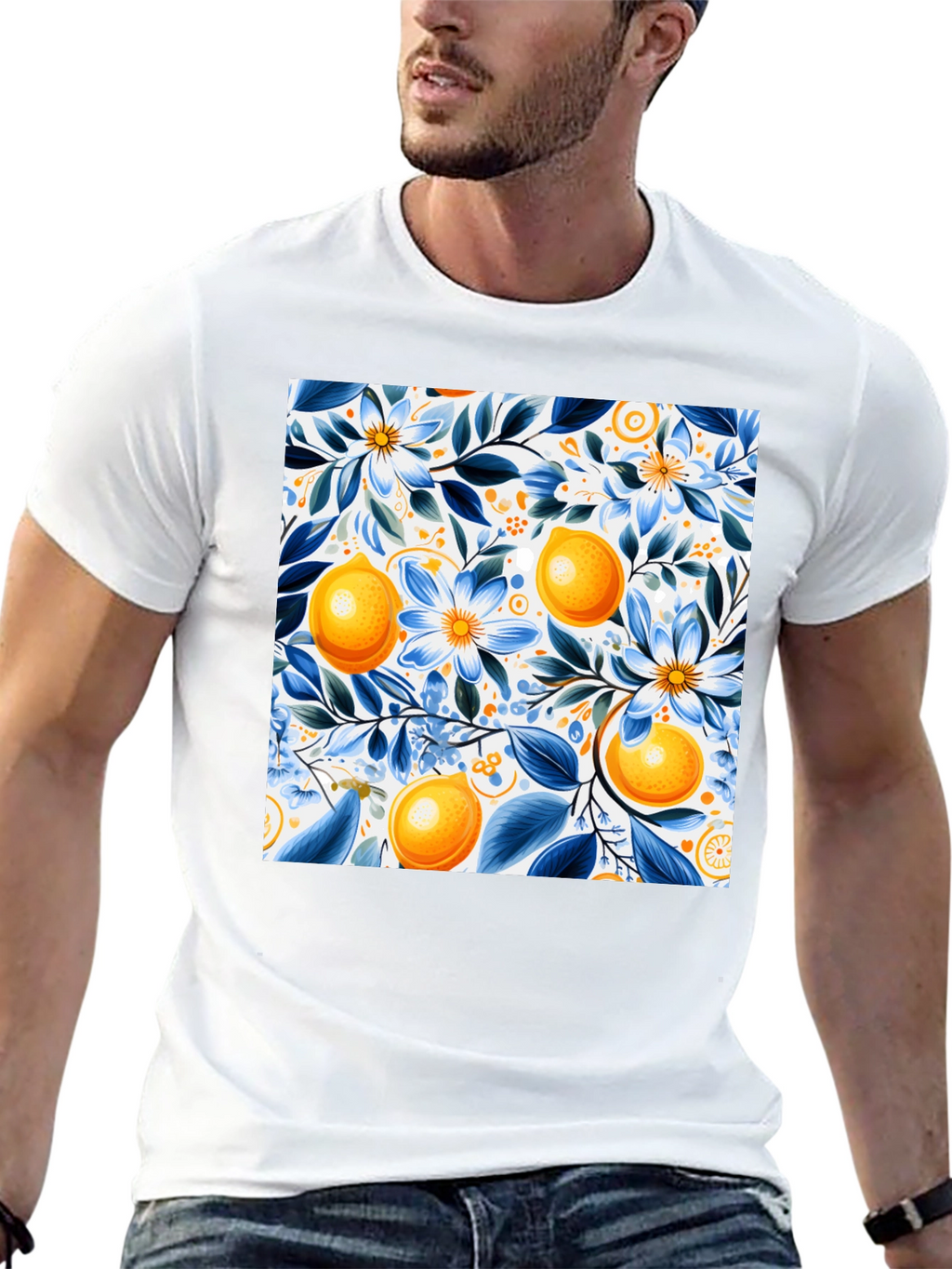 Floral Lemon Print Black T-Shirt