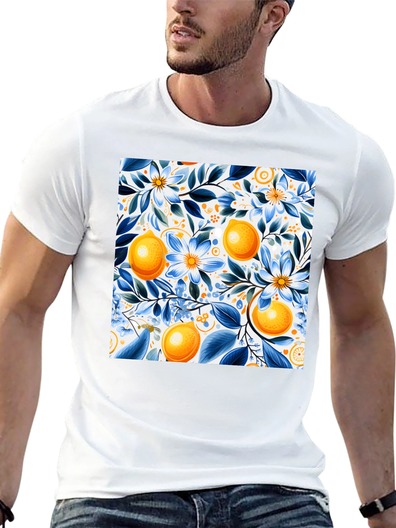 Floral Lemon Print Black T-Shirt