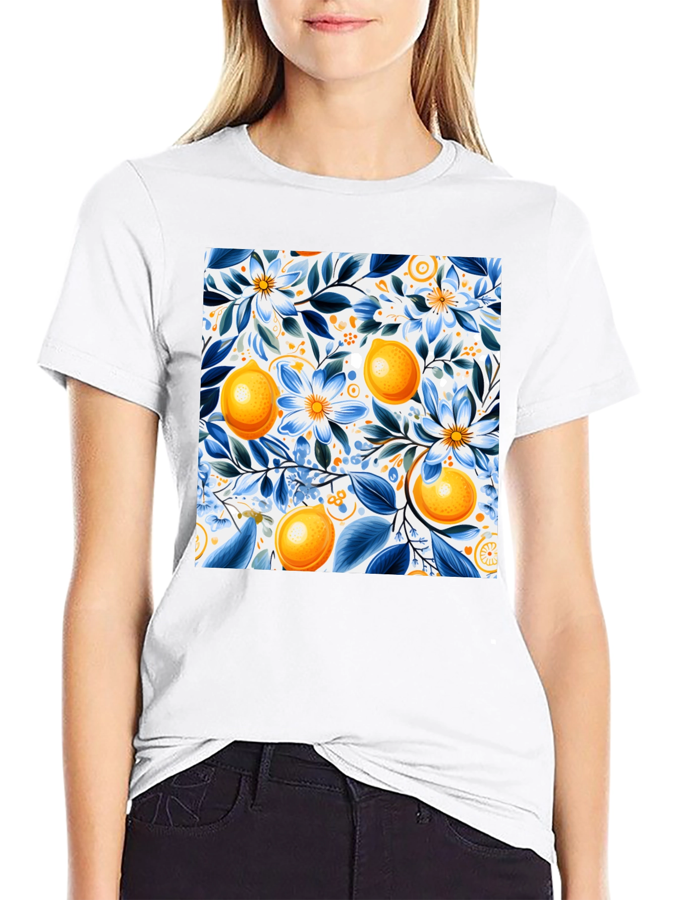 Floral Lemon Print Black T-Shirt