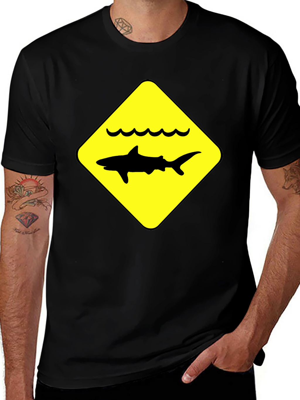 Shark Warning Sign Black T-Shirt