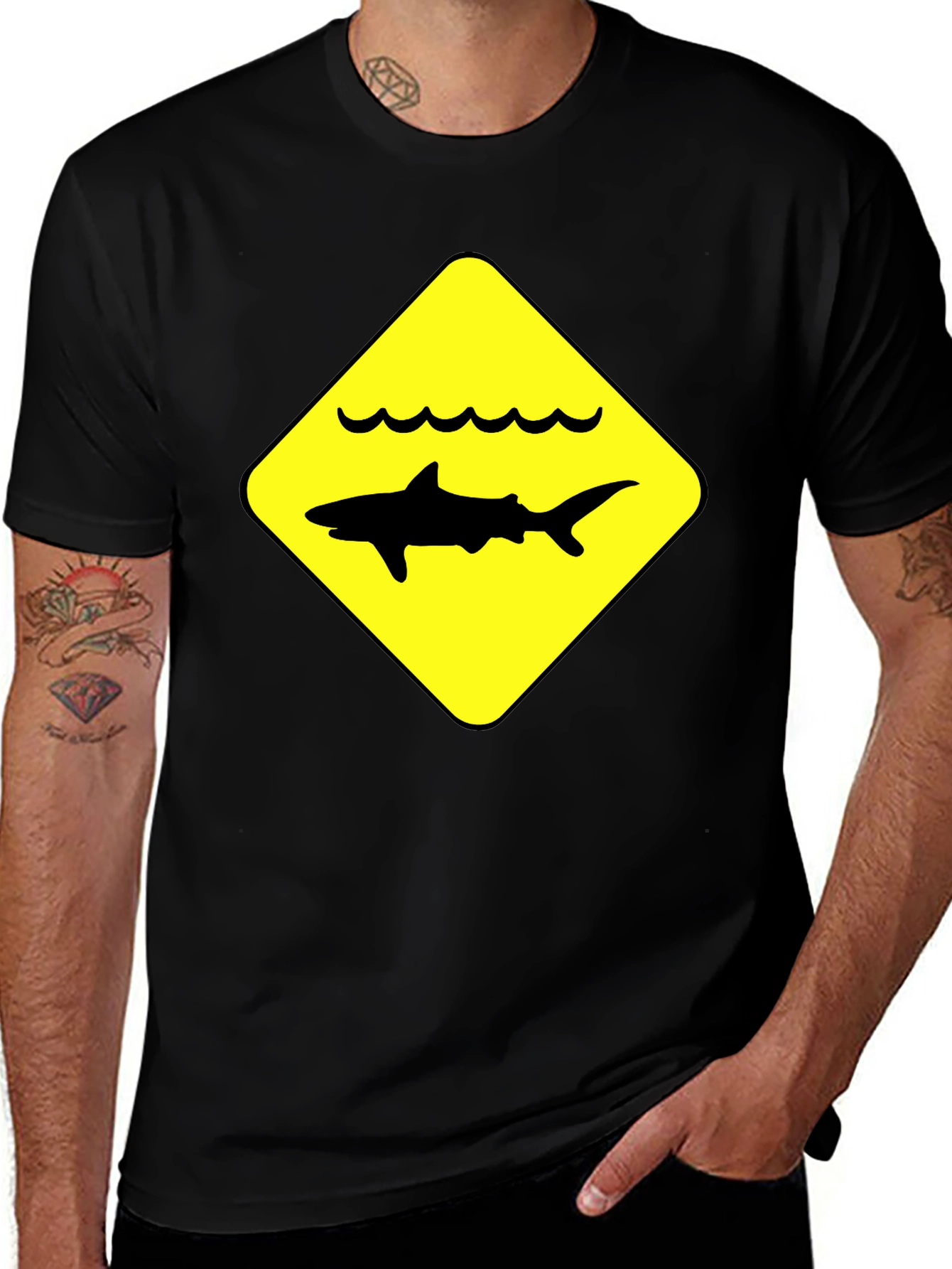 Shark Warning Sign Black T-Shirt