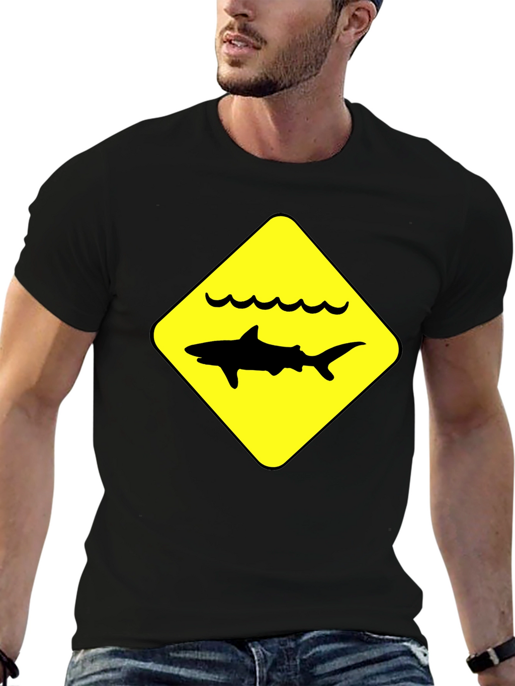 Shark Warning Sign Black T-Shirt