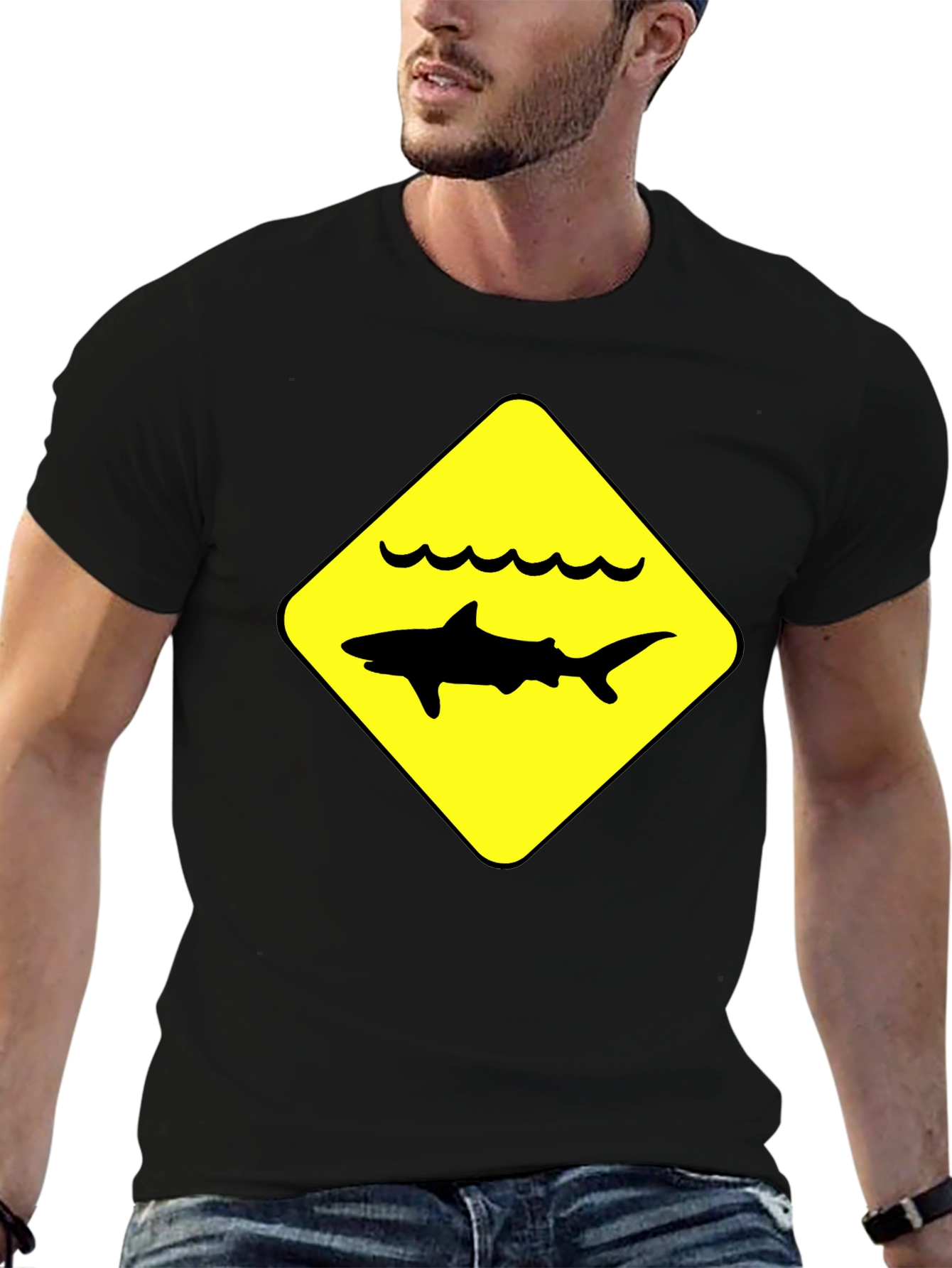 Shark Warning Sign Black T-Shirt